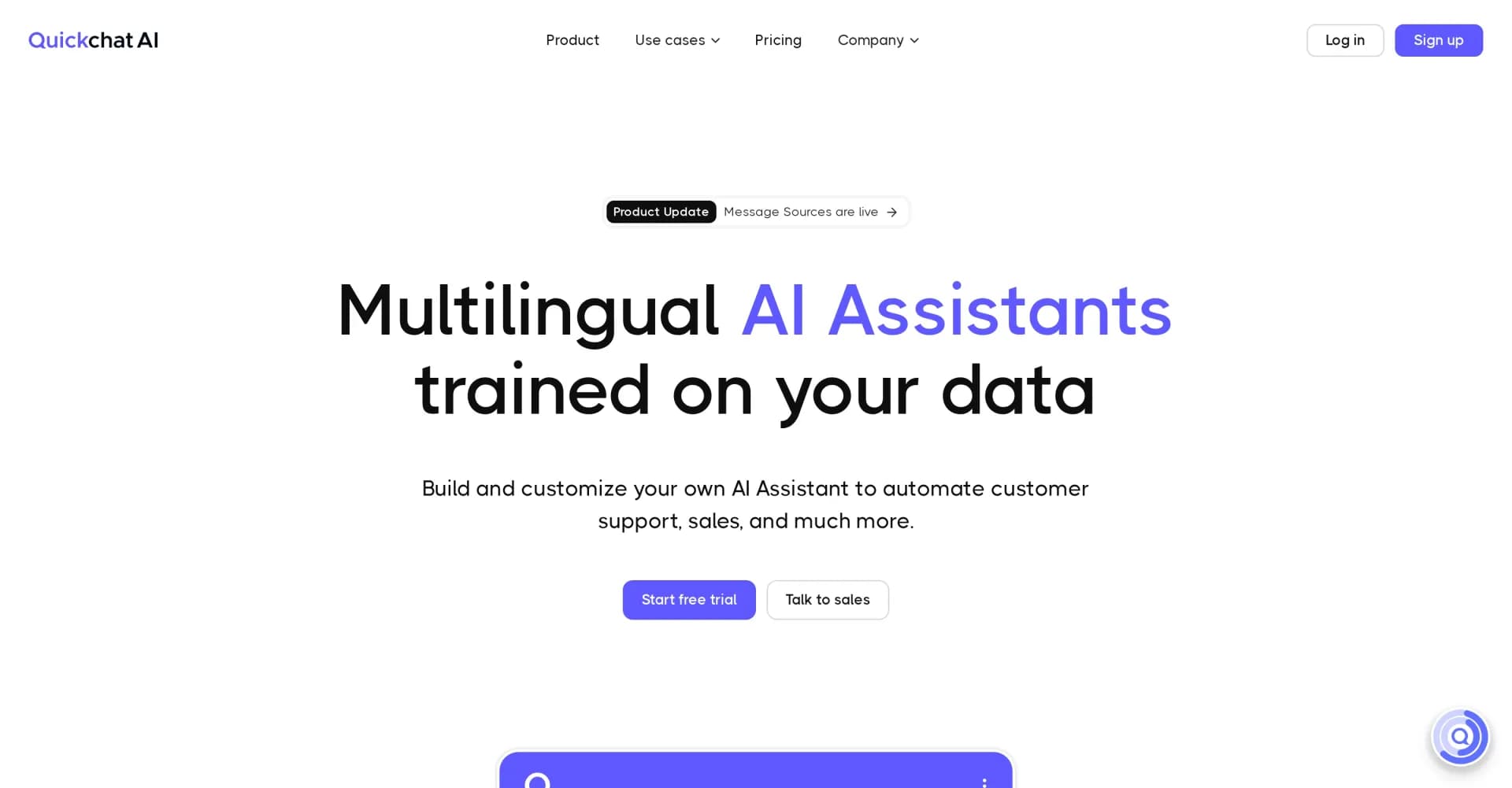 Quickchat AI homepage screenshot — Create custom AI Assistants for your business