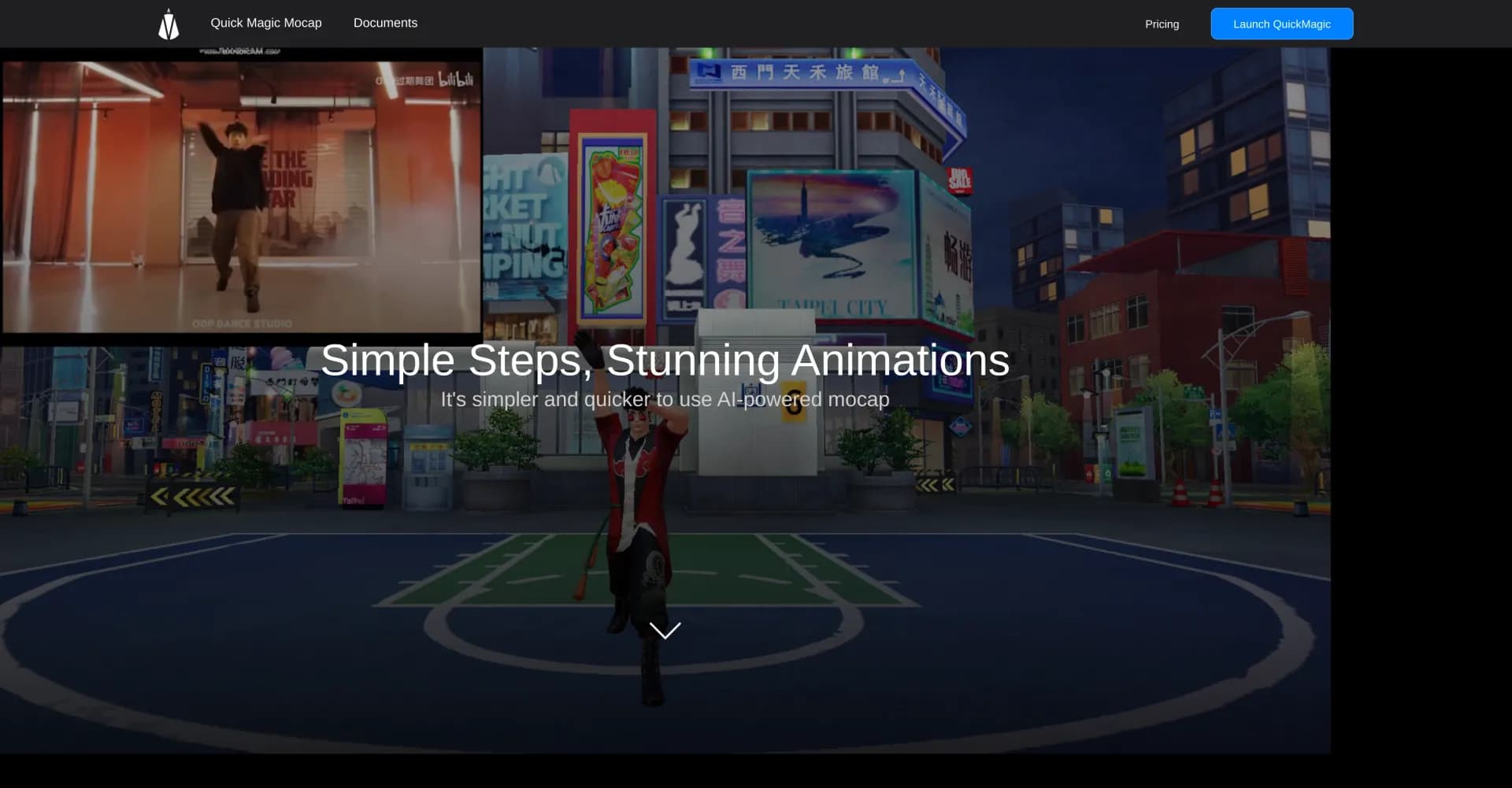 QuickMagic homepage screenshot — AI-powered mocap: Studio-quality motion from any video.