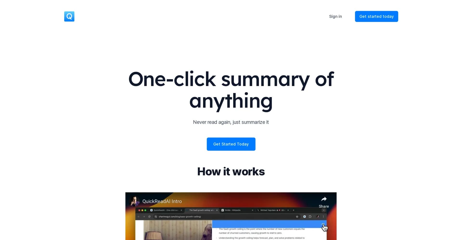 QuickReadAI homepage screenshot — One-click summary of anything