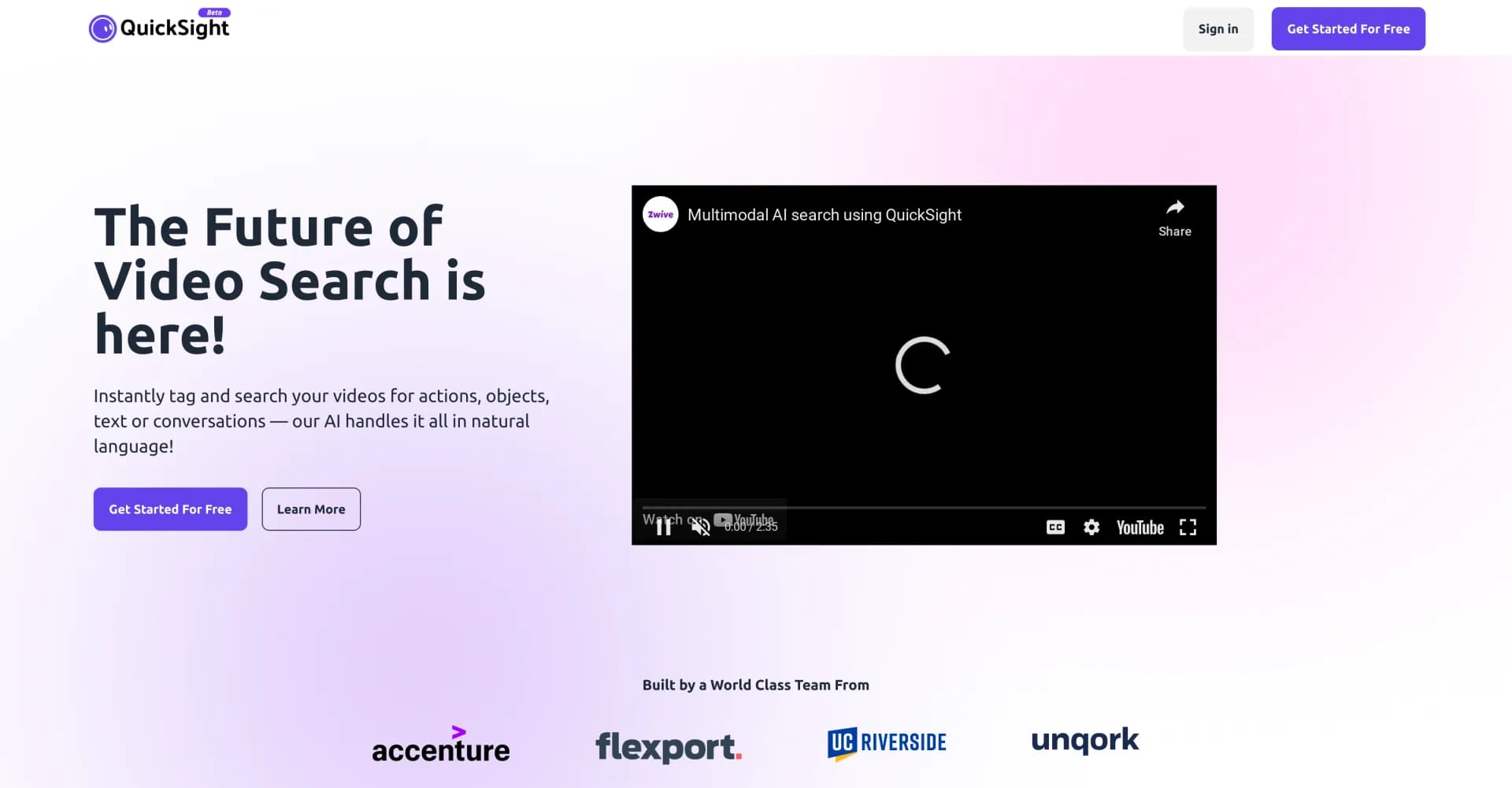 QuickSight homepage screenshot — Empowering video understanding systems.