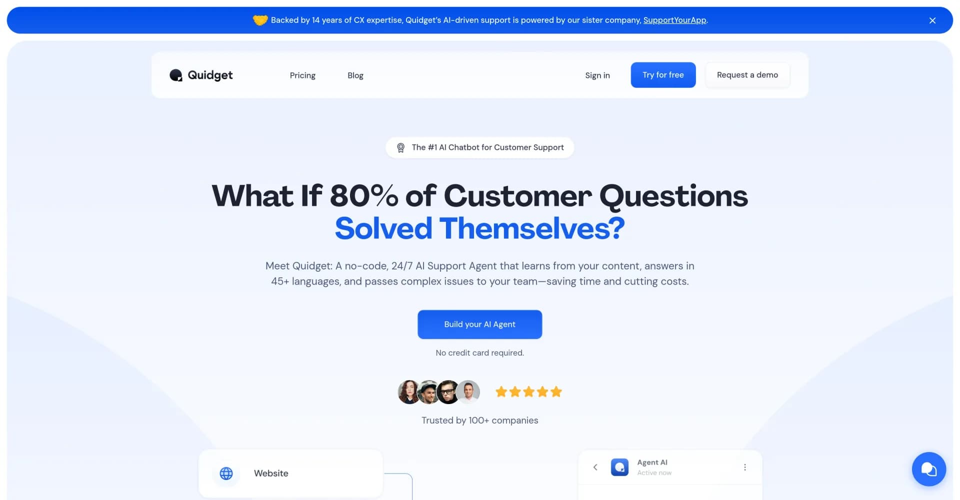 Quidget homepage screenshot — AI chatbot automates 80% of customer inquiries in 80+ langua