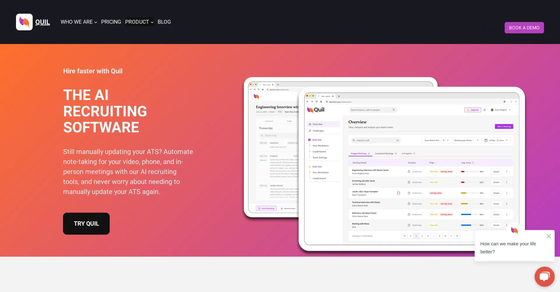 Quil homepage screenshot — Automate recruiting with AI-powered note-taking