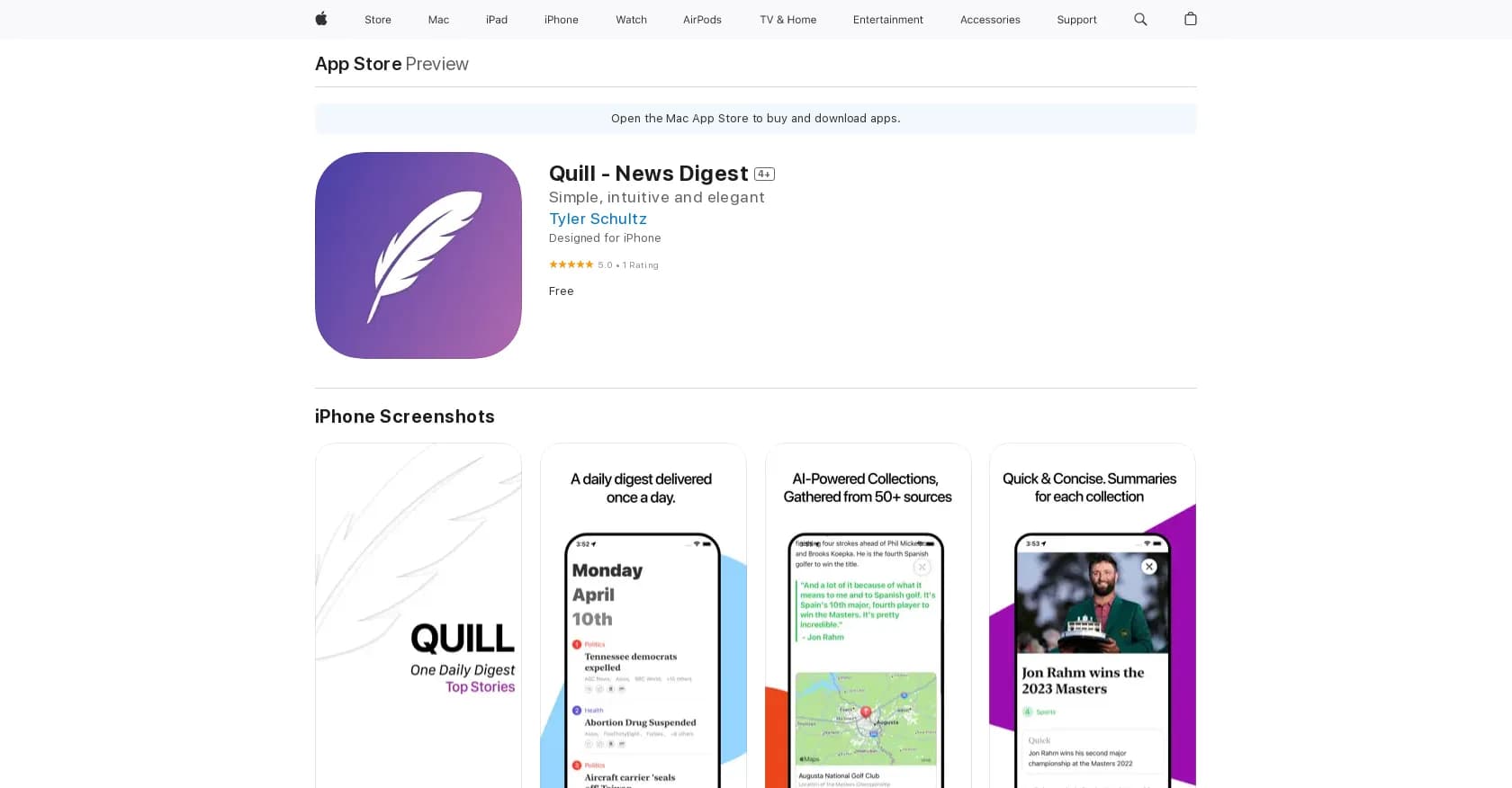Quill - News Digest homepage screenshot — Apple news summaries app.