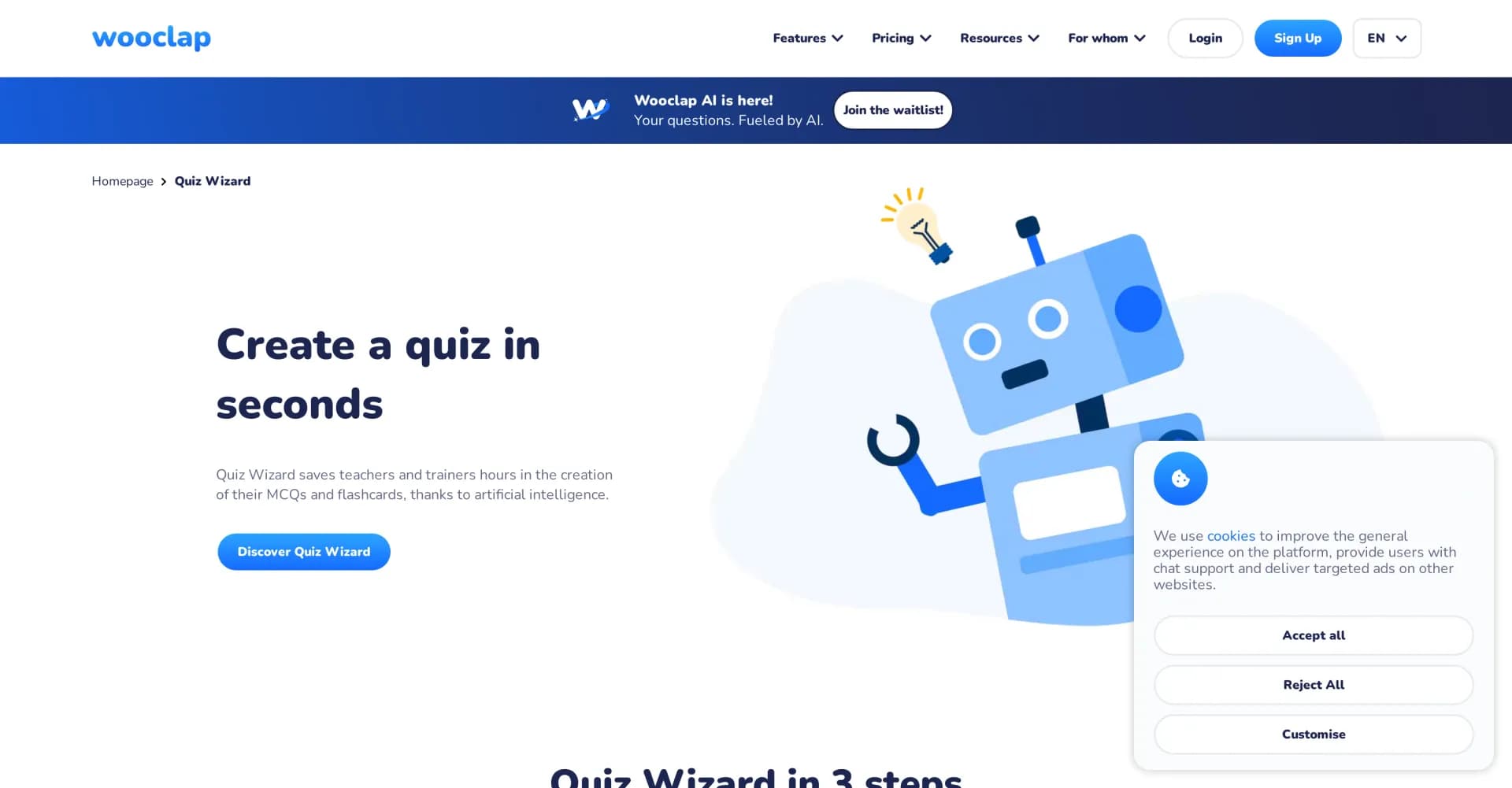 Quiz Wizard homepage screenshot — AI-powered quiz creation in seconds