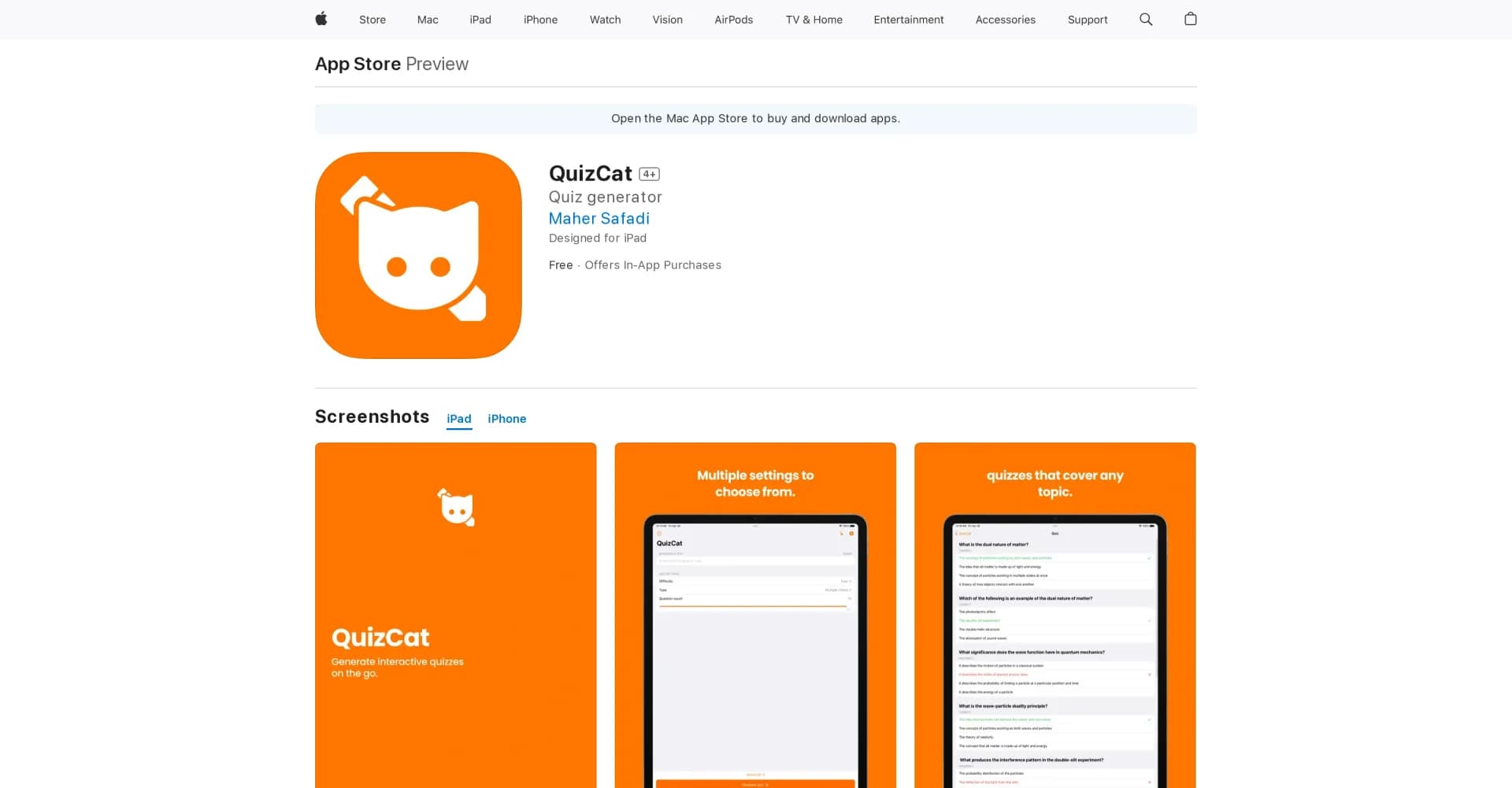 QuizCat homepage screenshot — Enjoy QuizCat on your Apple devices