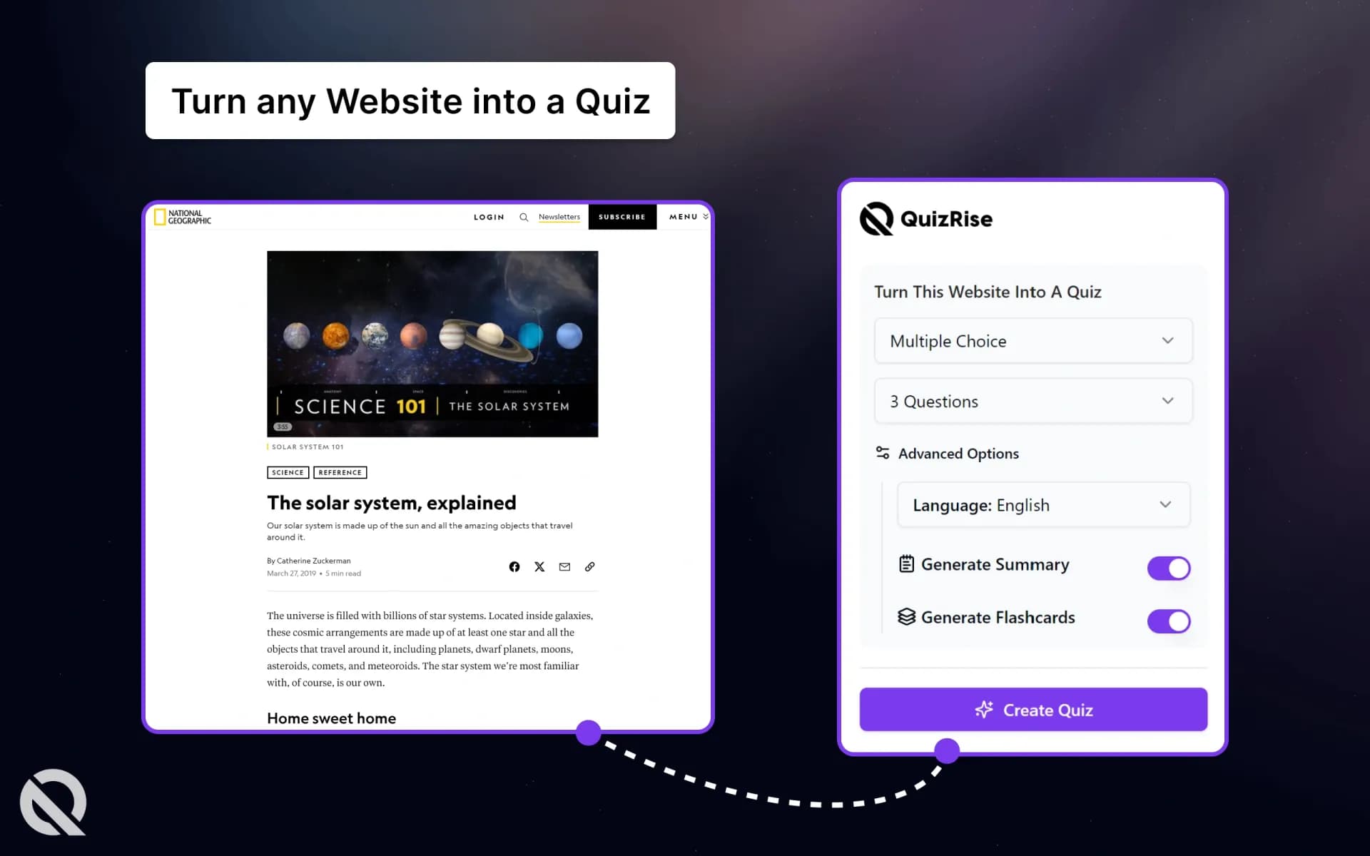 QuizRise homepage screenshot — Effortlessly create questions for online quizzes, tests, and
