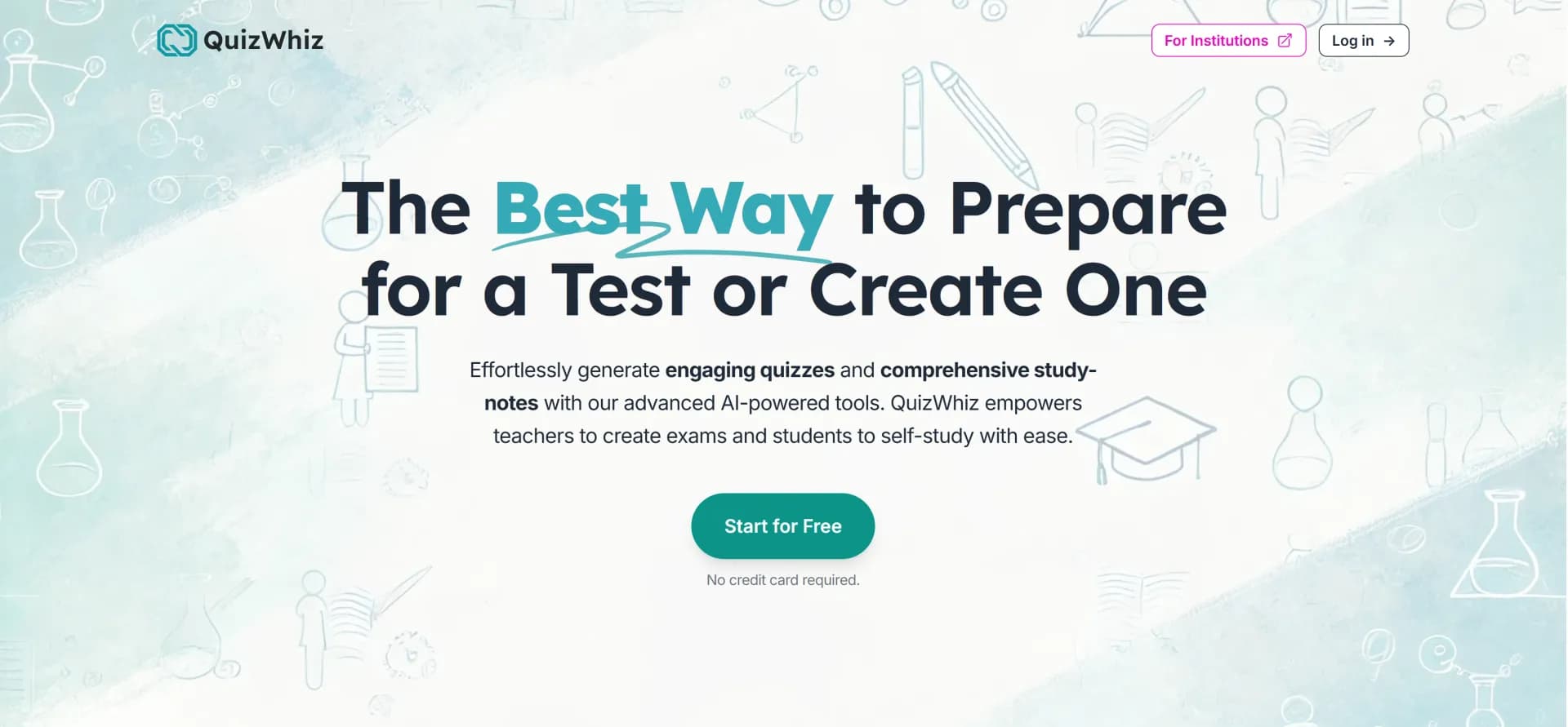 QuizWhiz homepage screenshot — Create Quizzes and Notes, & Self-Assess using AI