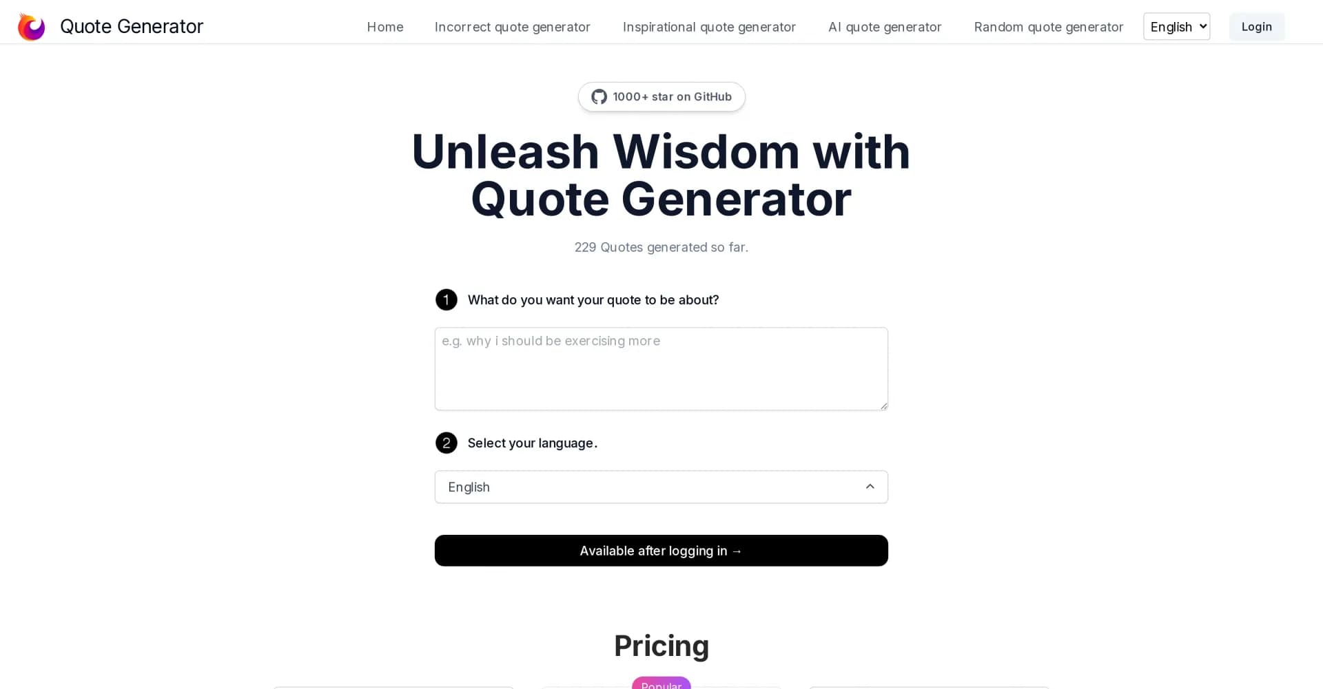 Quote Generator homepage screenshot — Create inspirational and AI-generated quotes instantly.