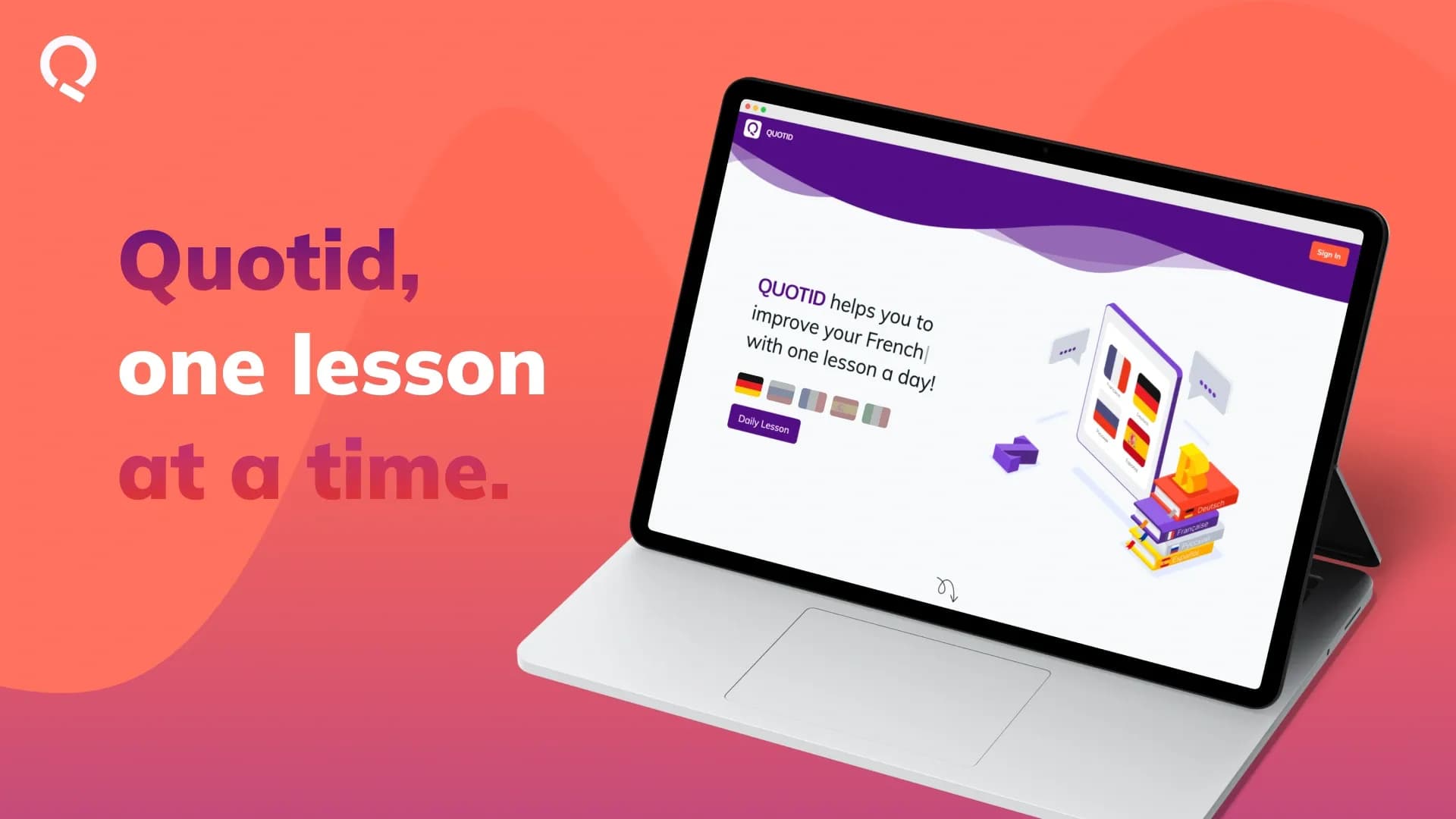 Quotid homepage screenshot — Improve your language skills with one AI lesson a day!