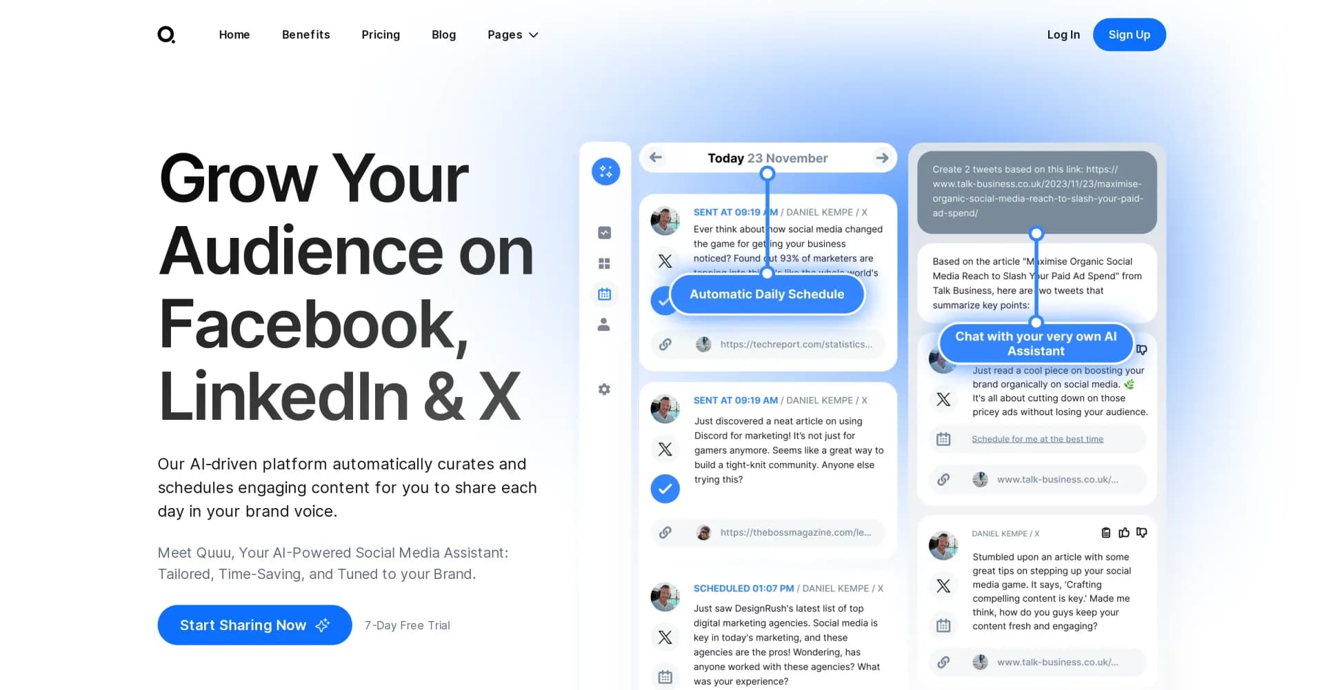 Quuu homepage screenshot — Grow your audience on LinkedIn, Facebook & X