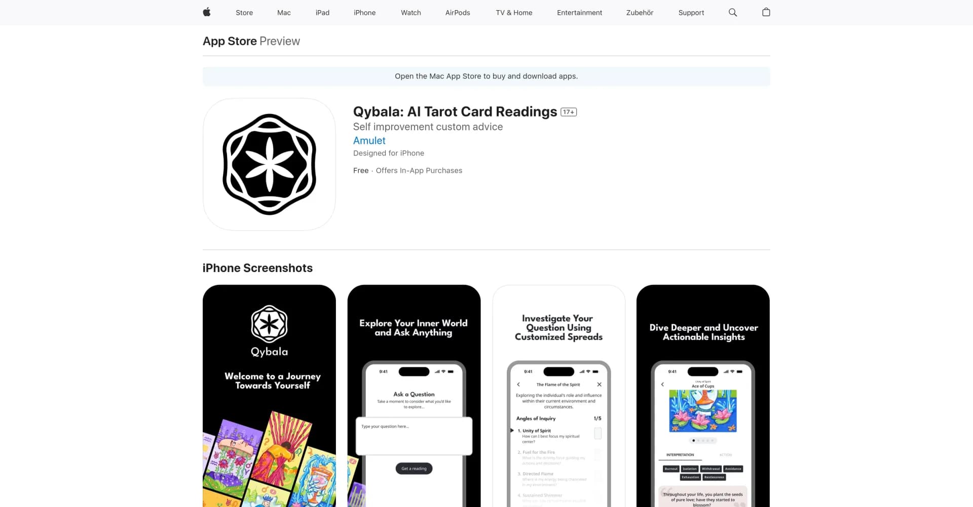 Qybala: AI Tarot Card Readings homepage screenshot — Qybala - private AI-powered psychological tarot app with ori