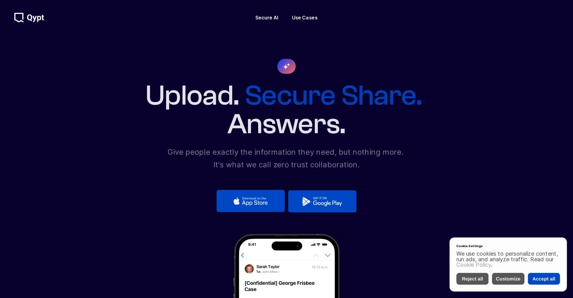 Qypt AI homepage screenshot — Unlock confidential collaboration on the go.