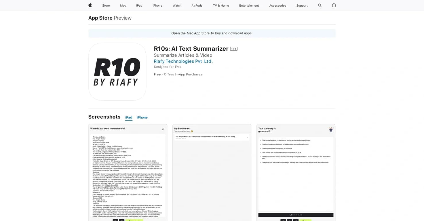 R10s homepage screenshot — AI-powered text summarizer at your fingertips.