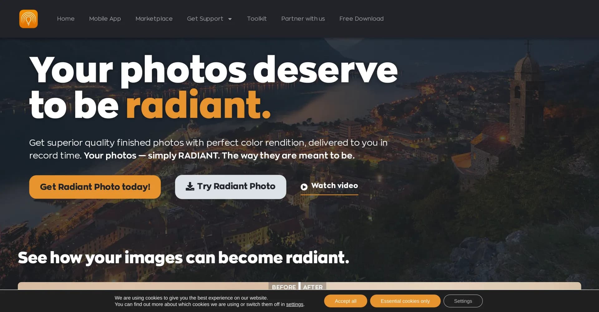 Radiant Imaging Labs homepage screenshot — Make your photos radiant in record time.