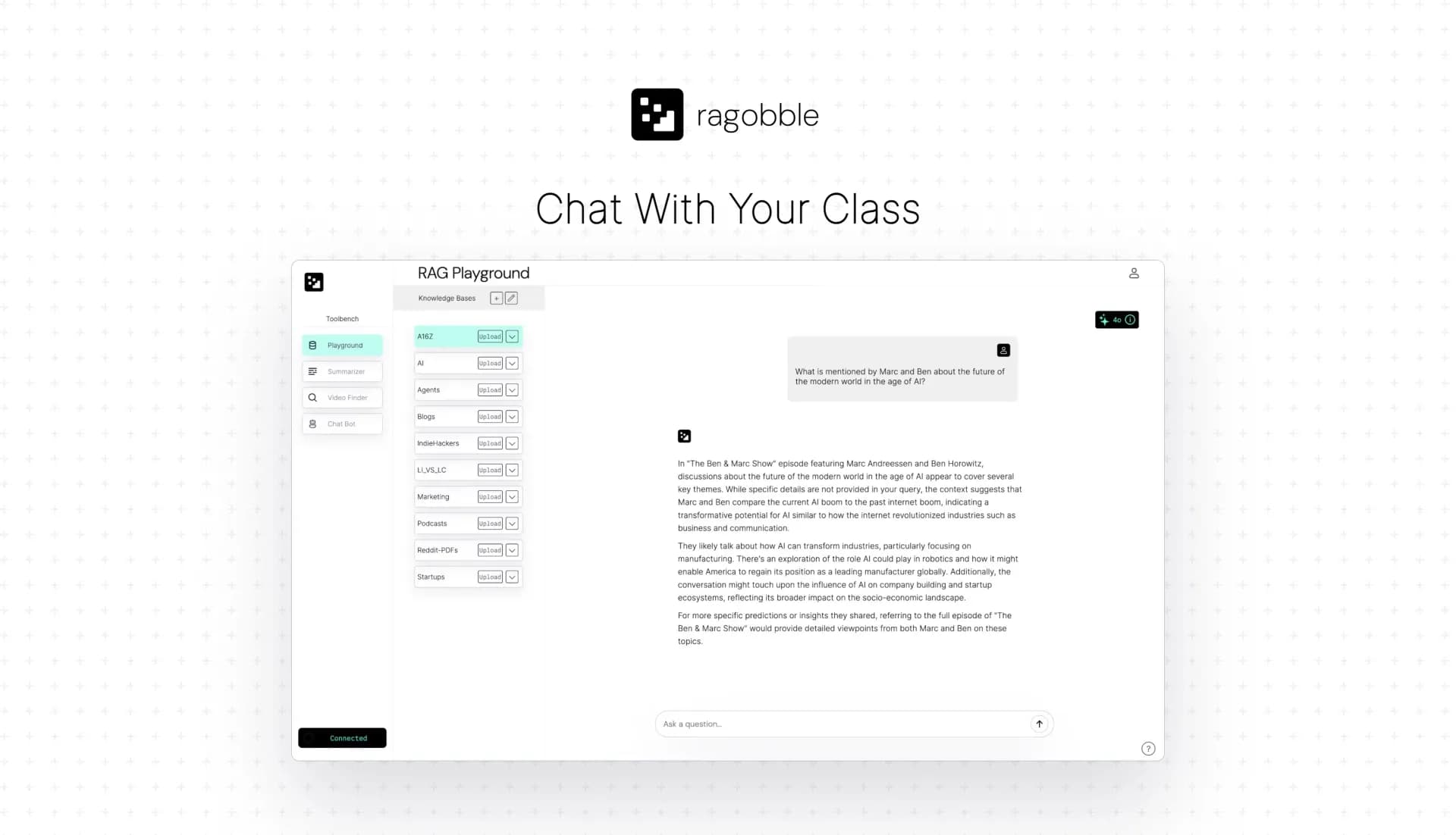 ragobble homepage screenshot — Chat With Your Class