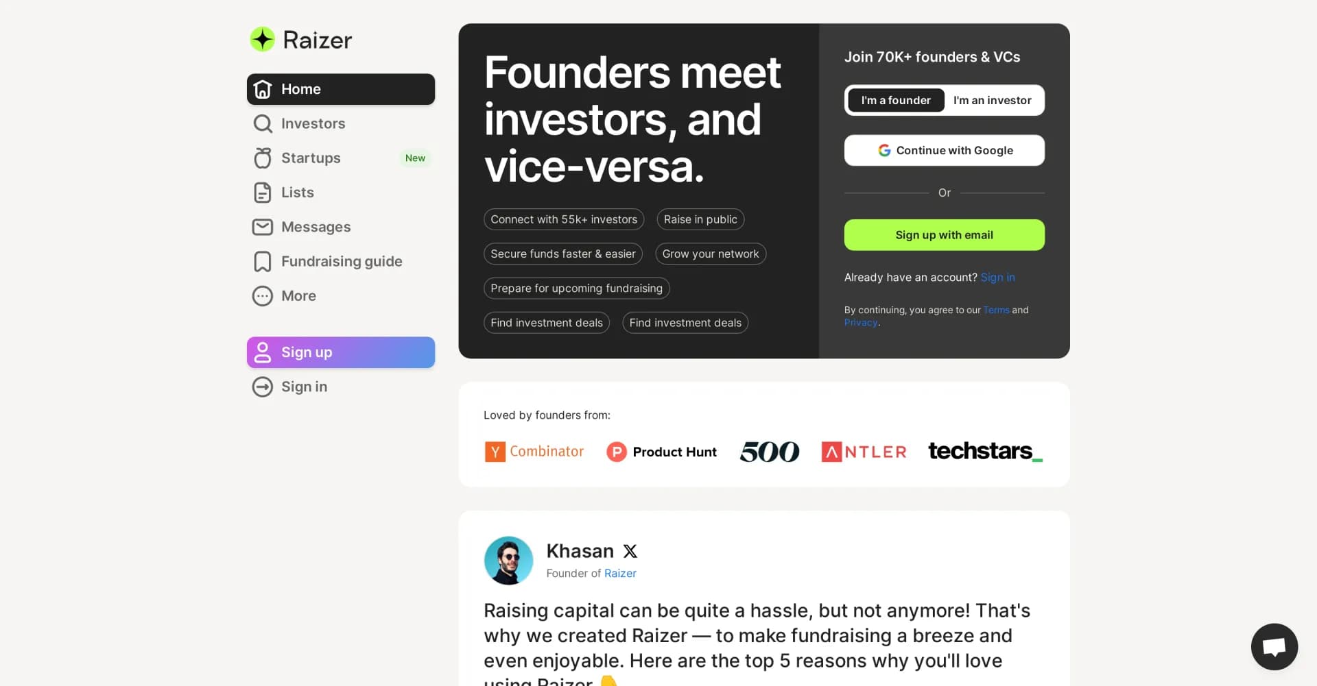Raizer homepage screenshot — AI-powered platform connecting startups and investors