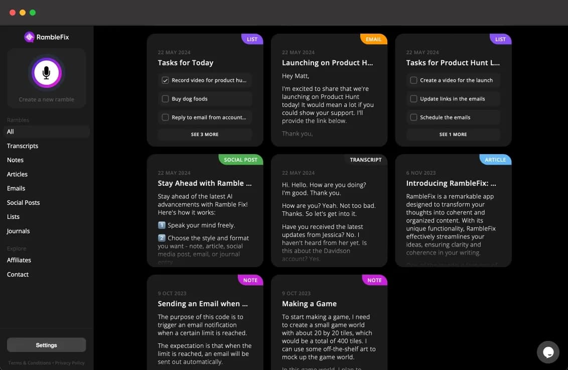 RambleFix homepage screenshot — Turn messy speech into polished text.