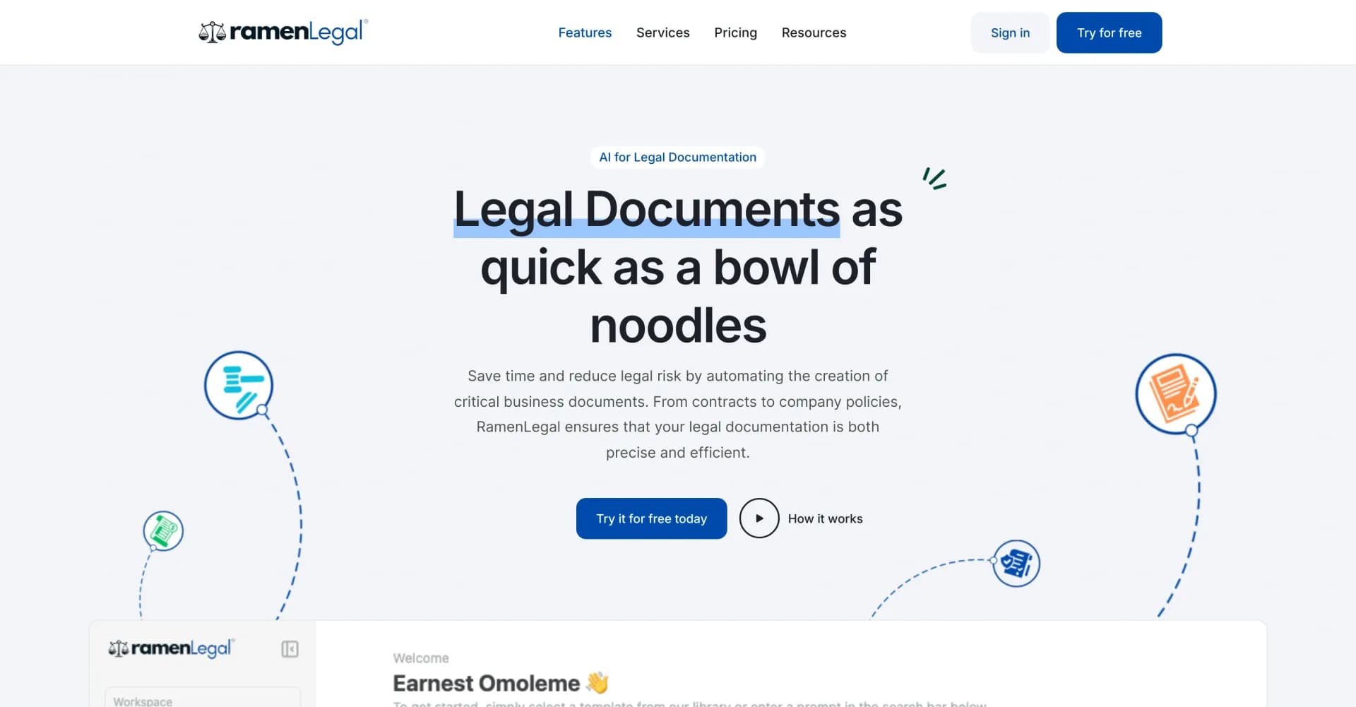 RamenLegal homepage screenshot — Legal documents as quick as a bowl of noodles