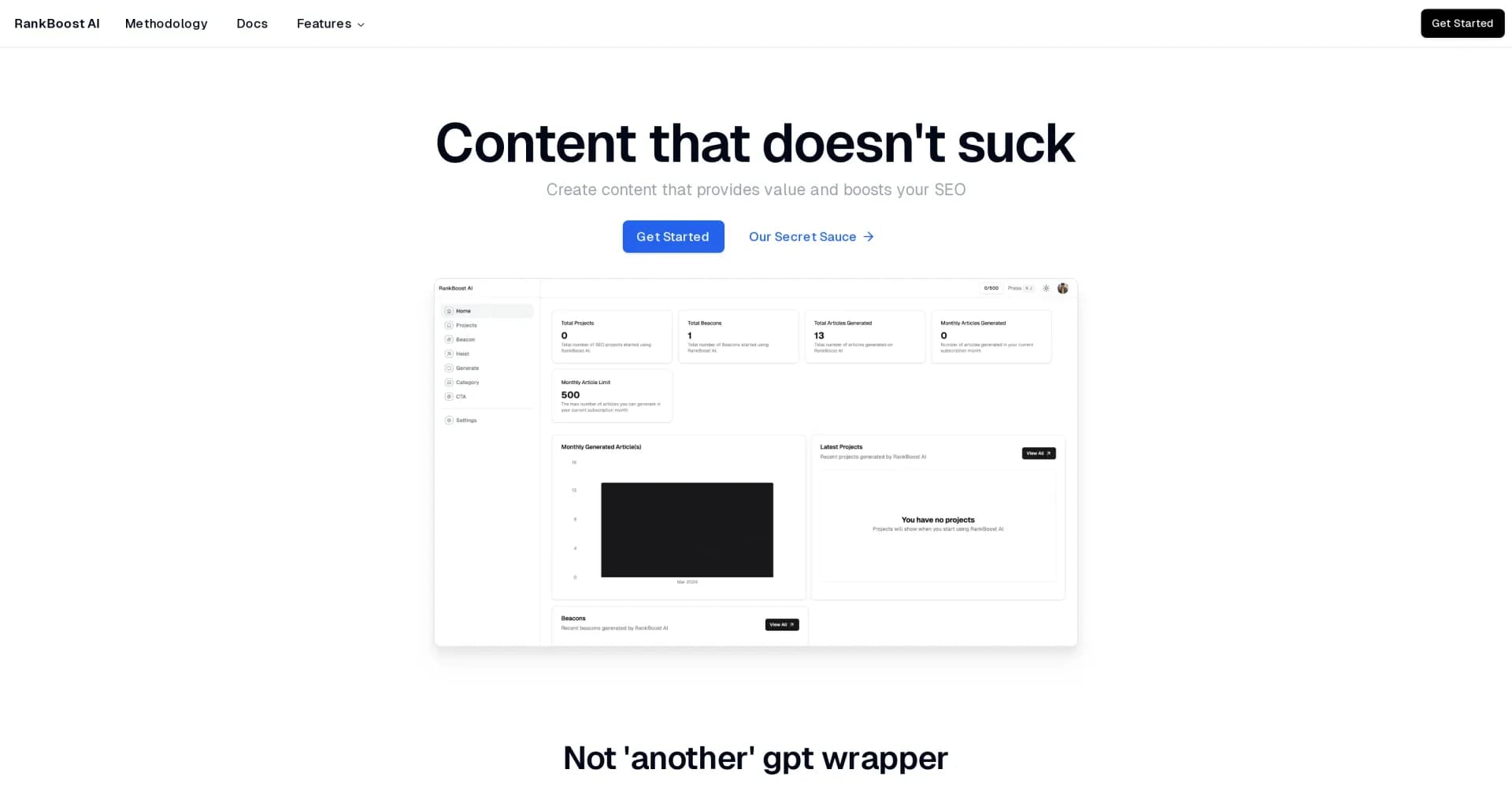 RankBoost AI homepage screenshot — Leverage AI to generate search-optimized, high-quality conte