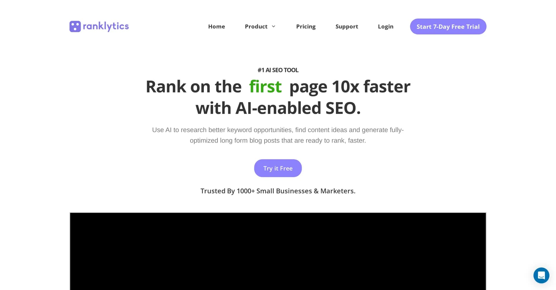 Ranklytics homepage screenshot — Automate SEO content and climb search rankings fast.
