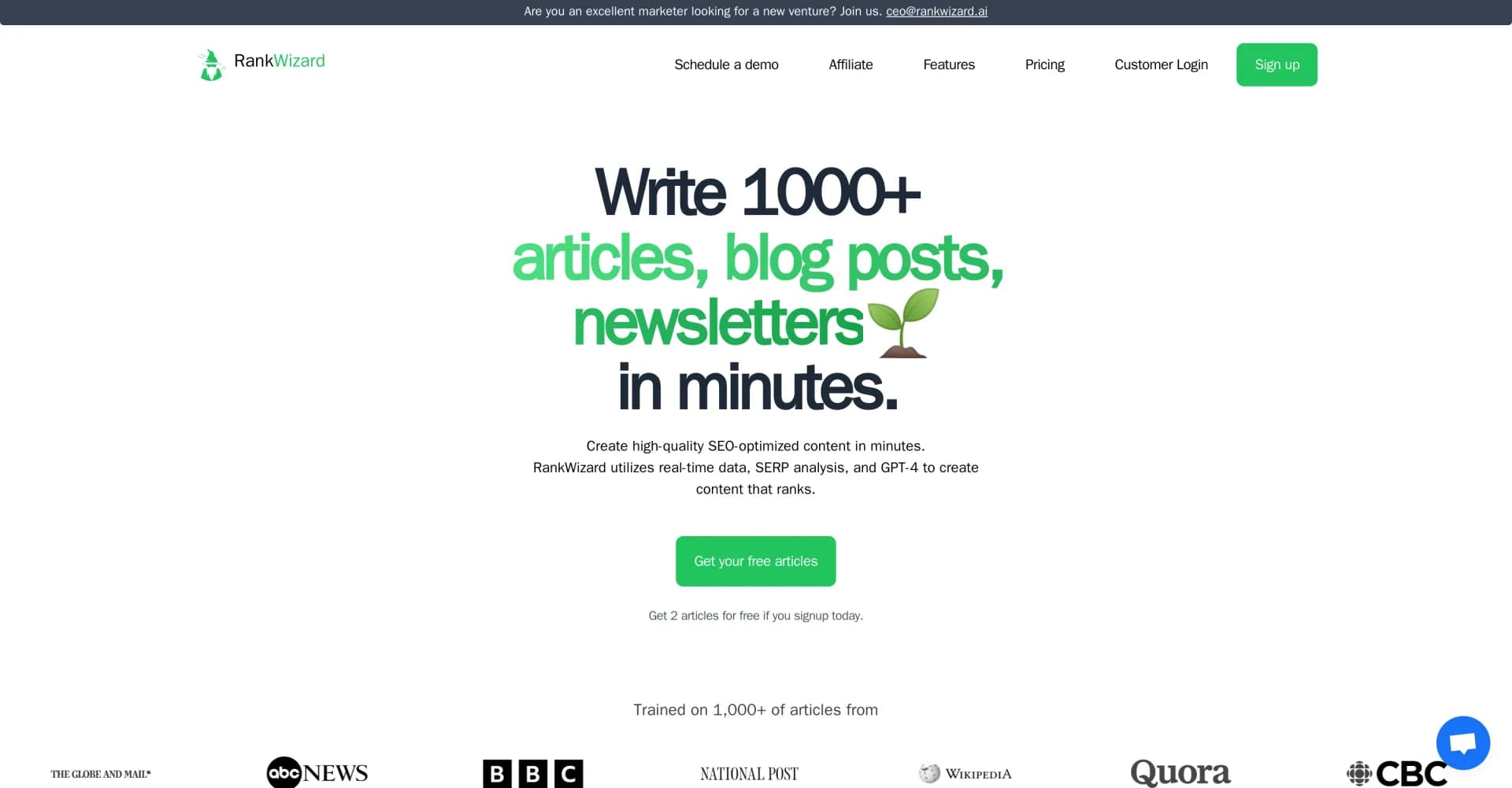 RankWizard homepage screenshot — Write 1000+ SEO-optimized articles in minutes.