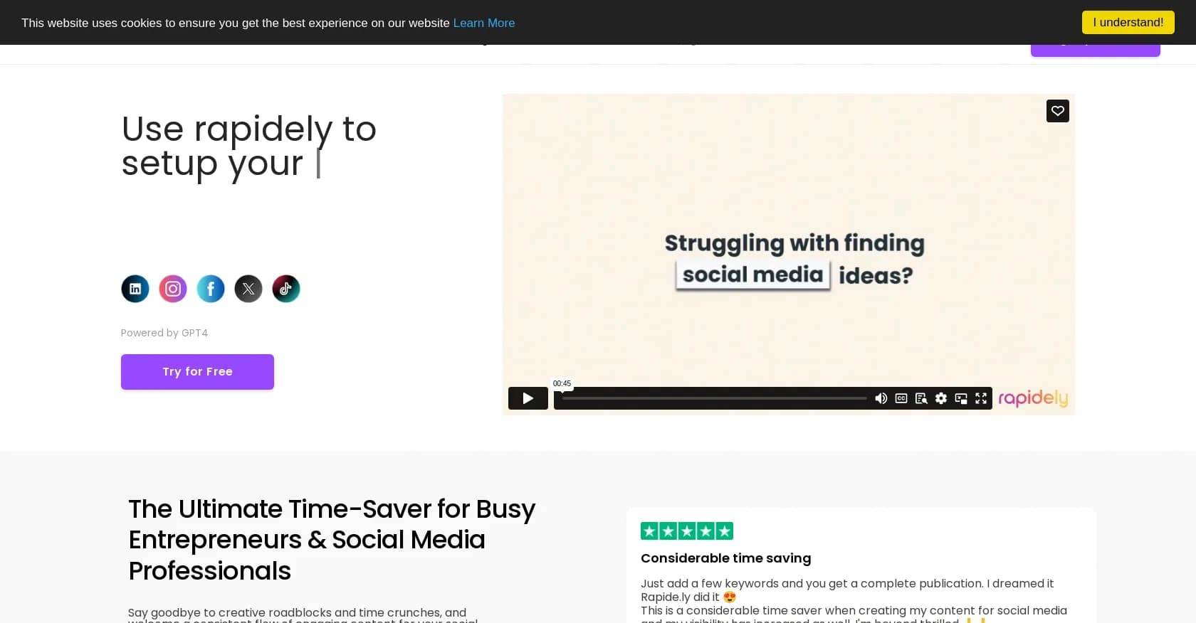 Rapidely homepage screenshot — Streamline social media content creation and scheduling.