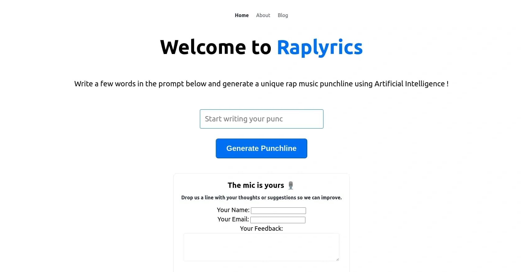 Raplyrics homepage screenshot — Produce unique rap lyrics with rap history and tech.
