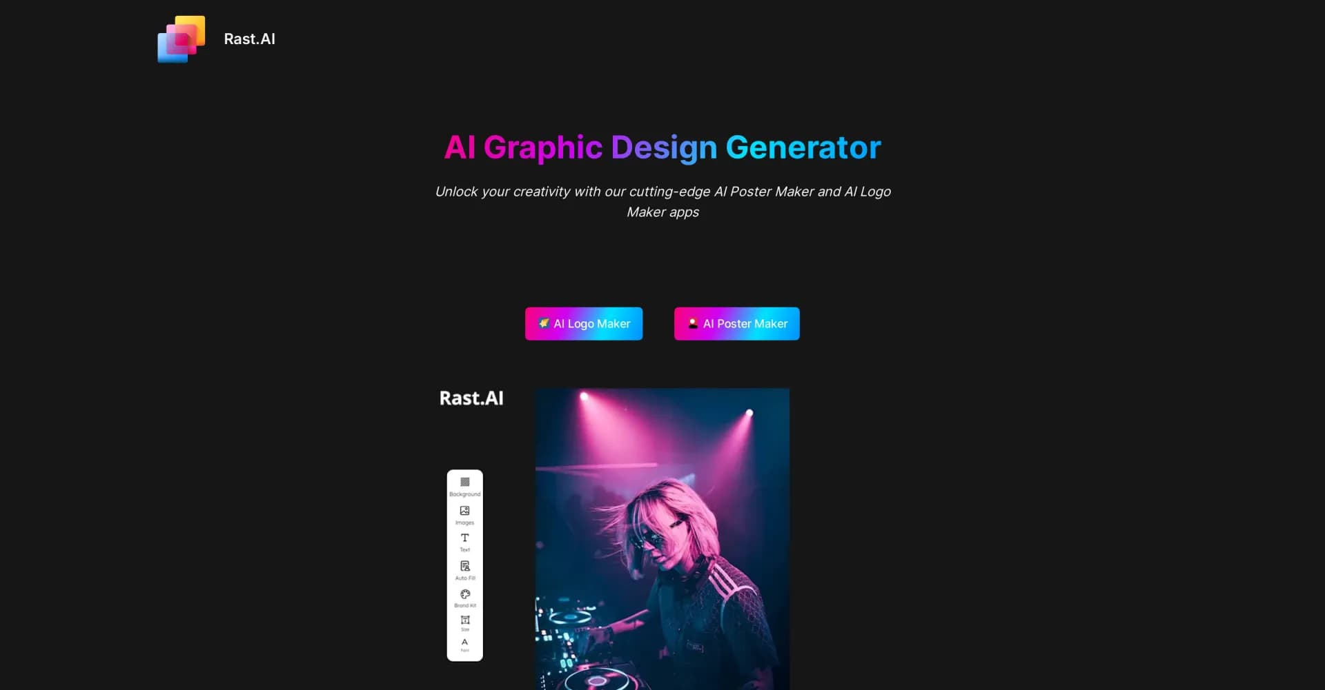 Rast.AI homepage screenshot — Generate stunning posters and logos with AI