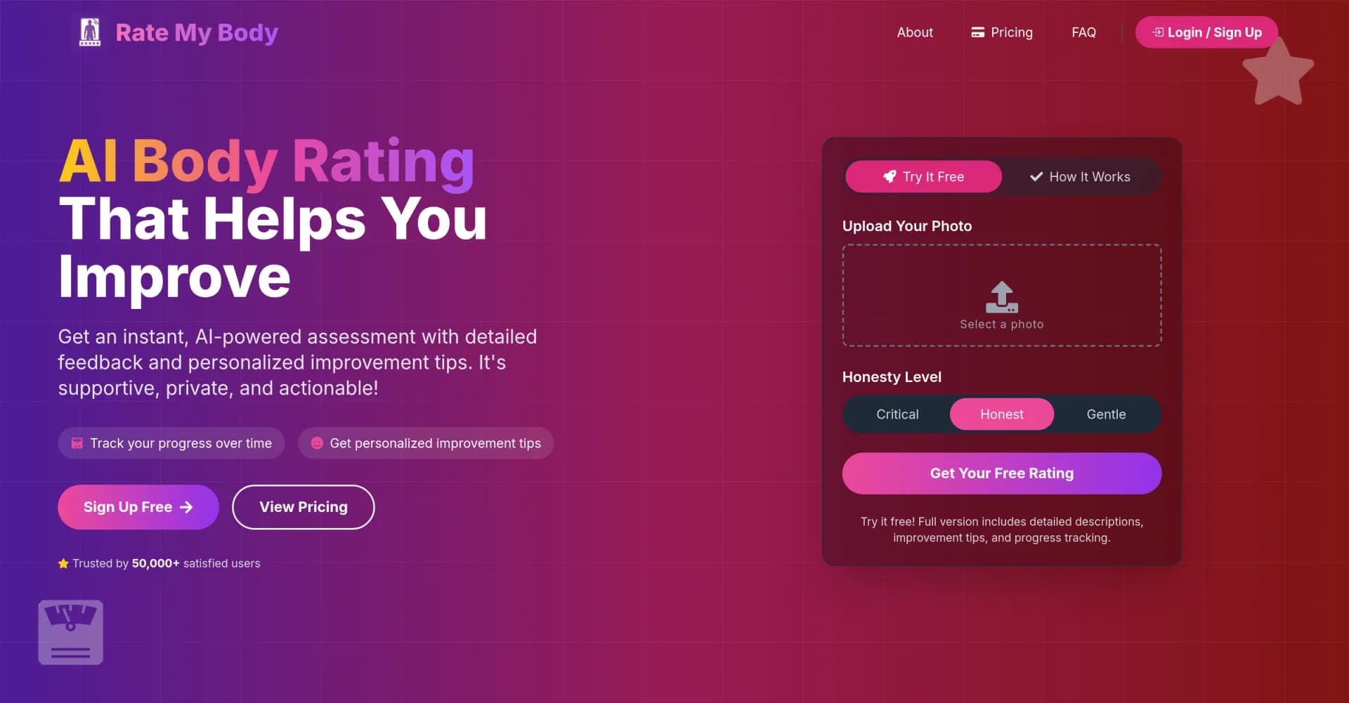 Rate My Body homepage screenshot — AI body rating for personalized improvement