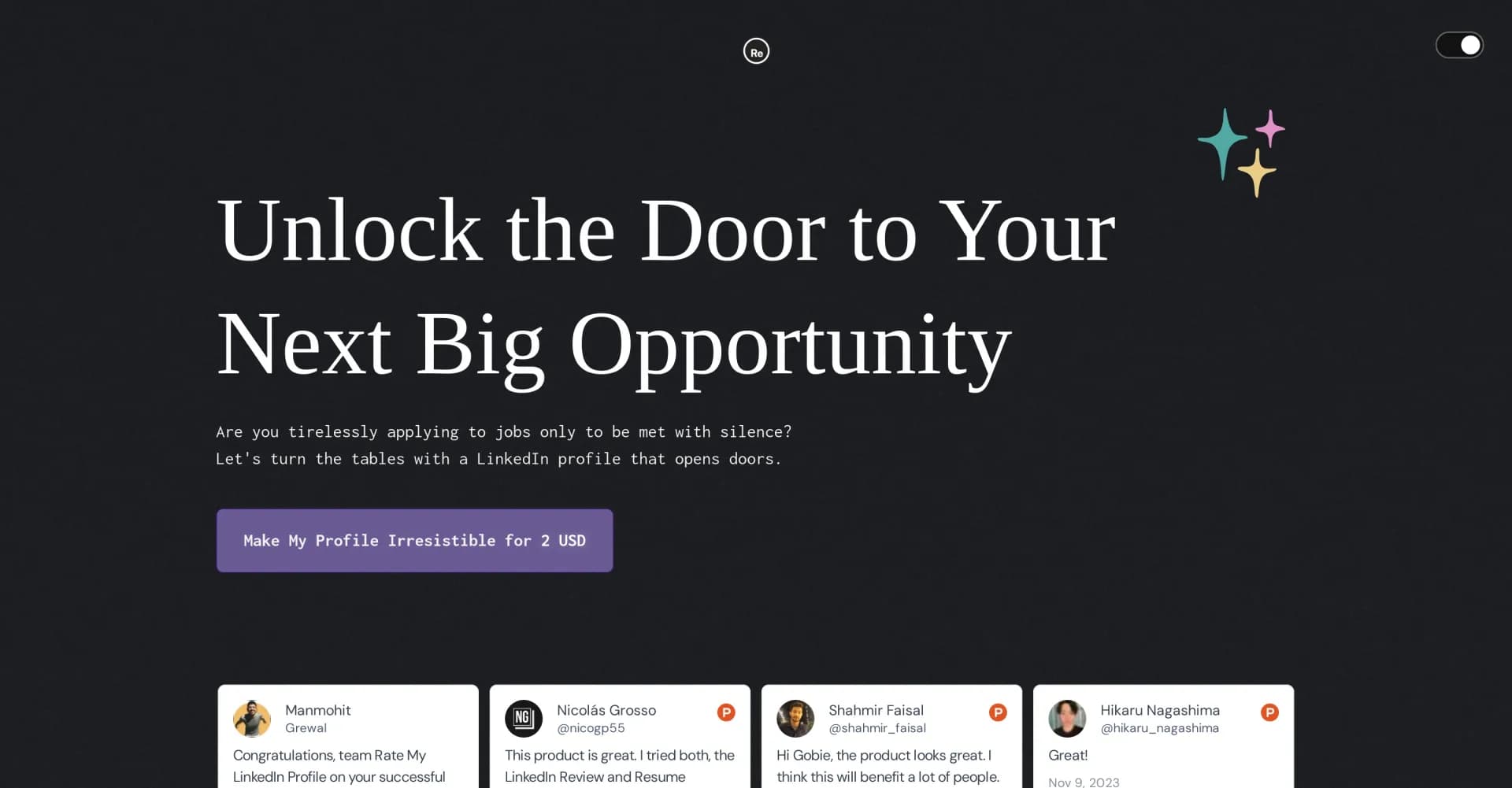 RateMyLinked homepage screenshot — Unlock career doors with AI-optimized LinkedIn profiles