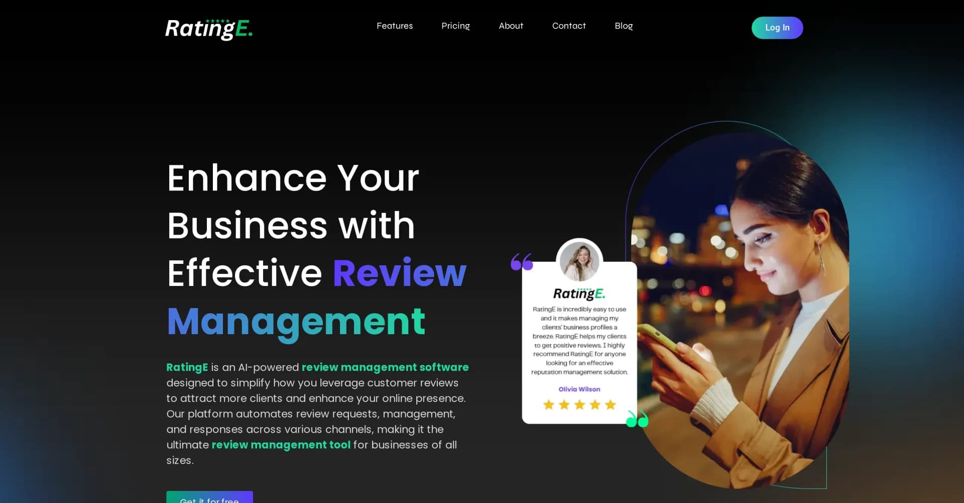 RatingE homepage screenshot — AI-powered review magic for business growth.