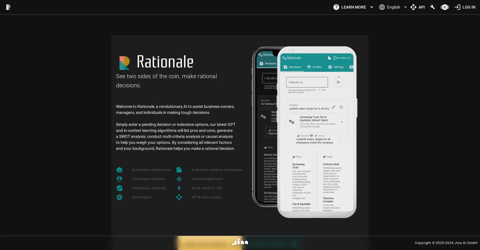 Rationale homepage screenshot — AI-powered decision analysis for balanced choices.