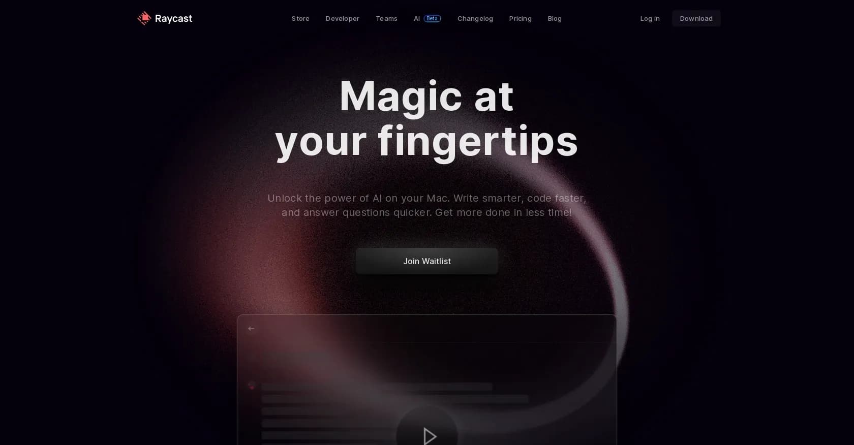 Raycast AI homepage screenshot — Unlock AI power on your Mac for smarter productivity.