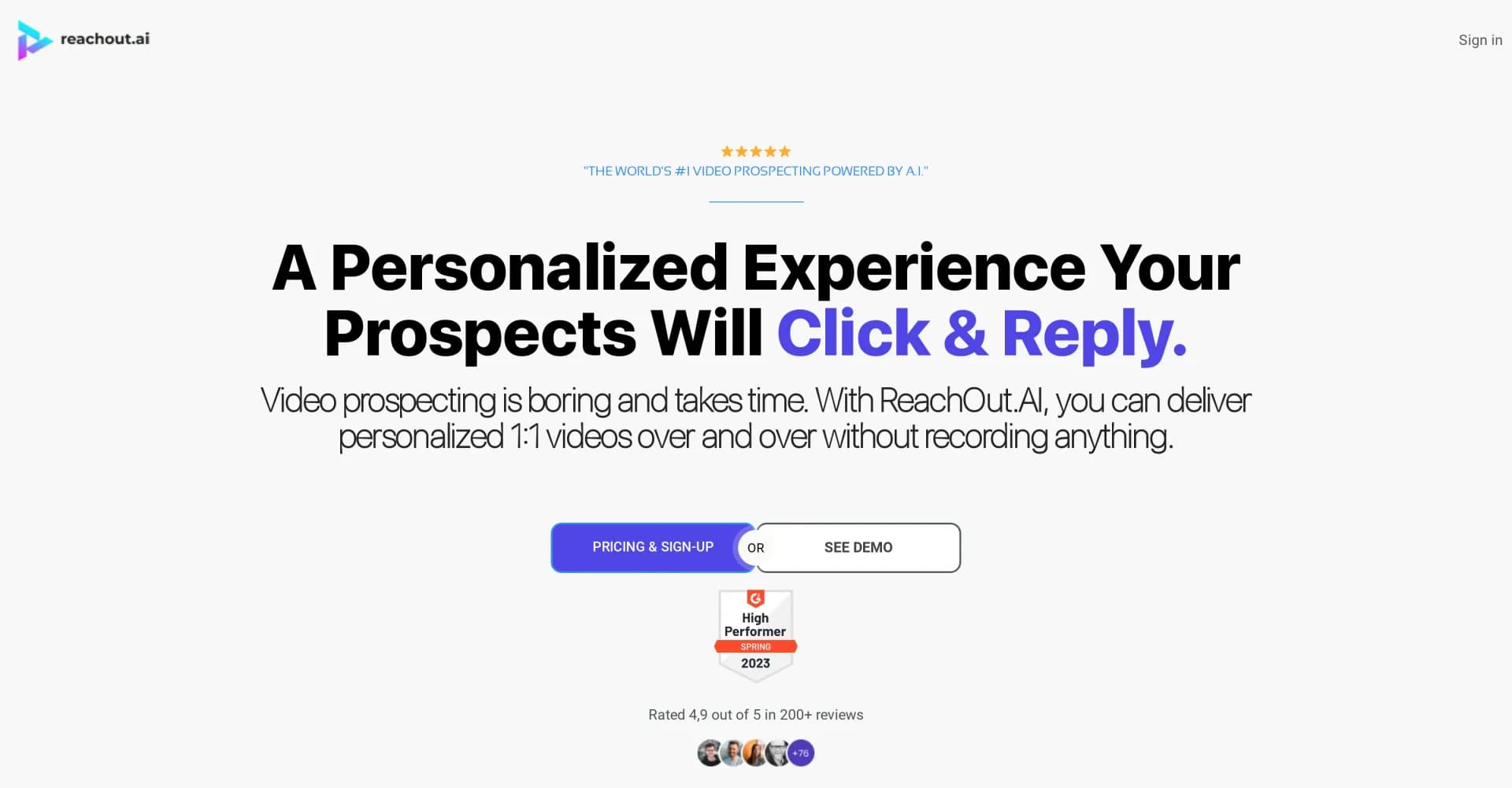 Reachout homepage screenshot — AI video prospecting for high-impact sales outreach.