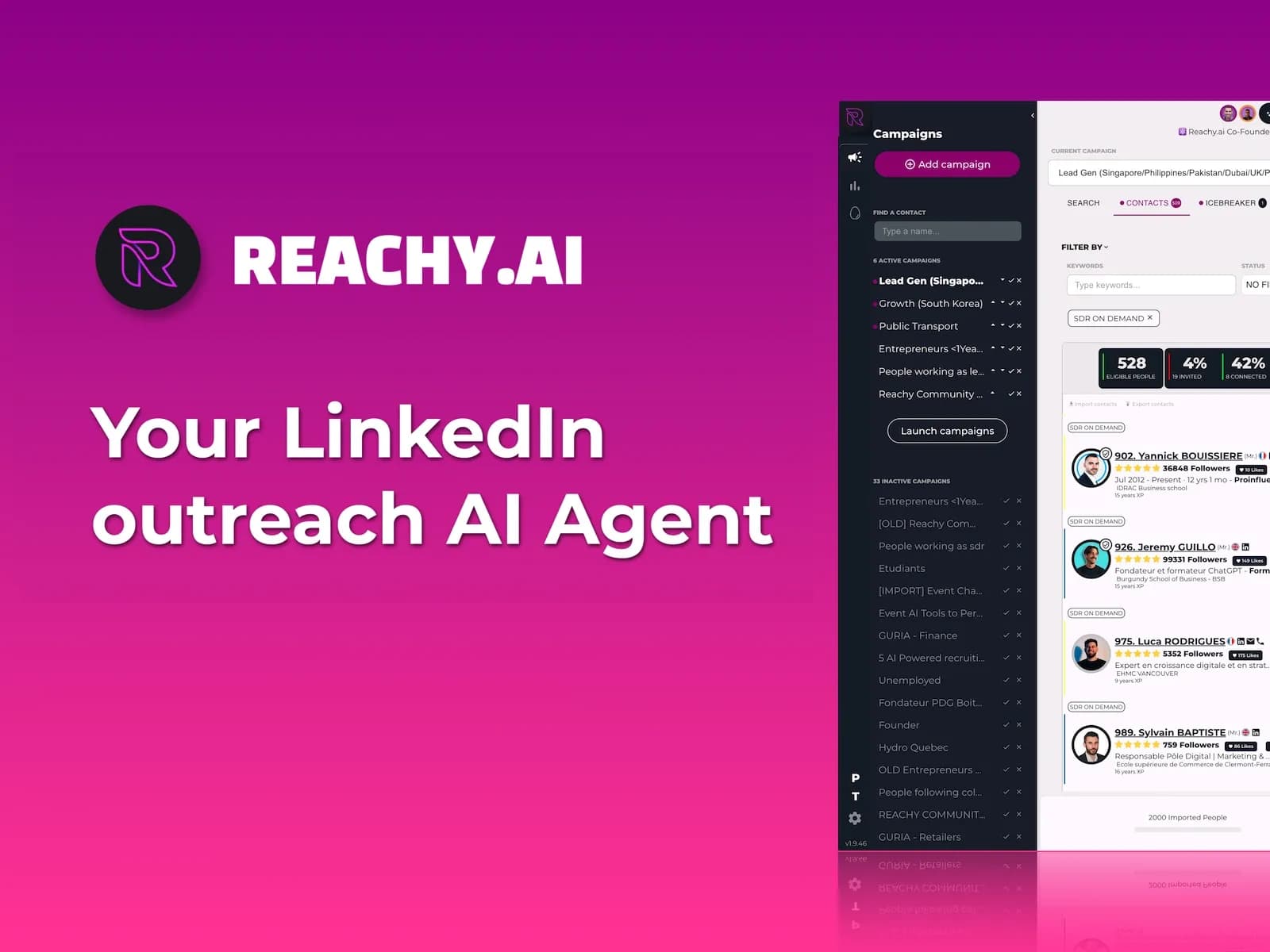 Reachy.ai homepage screenshot — LinkedIn AI Agent that scales your network and acquires new 