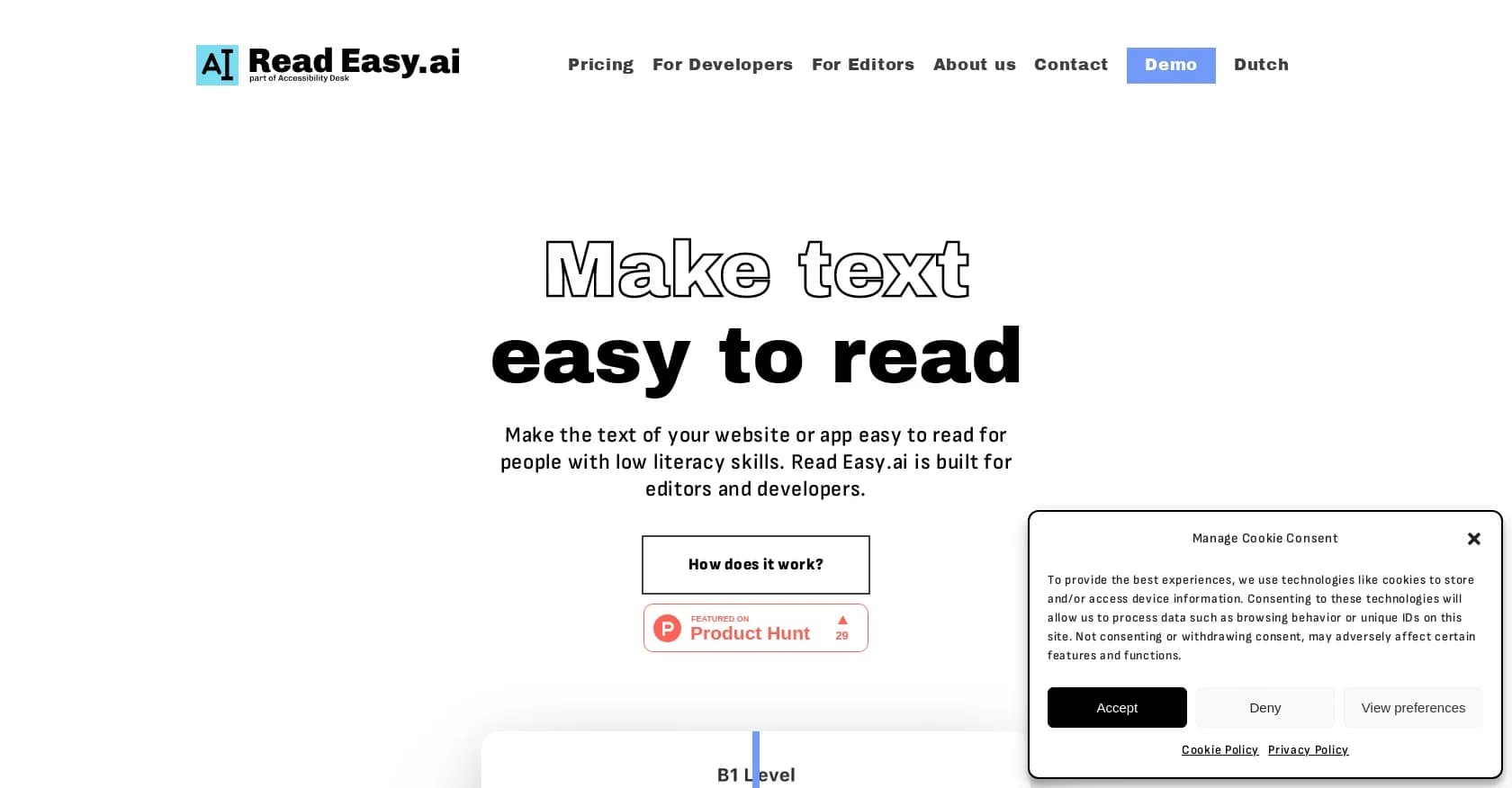 Read Easy.ai homepage screenshot — Make text easy to read for low-literacy users.