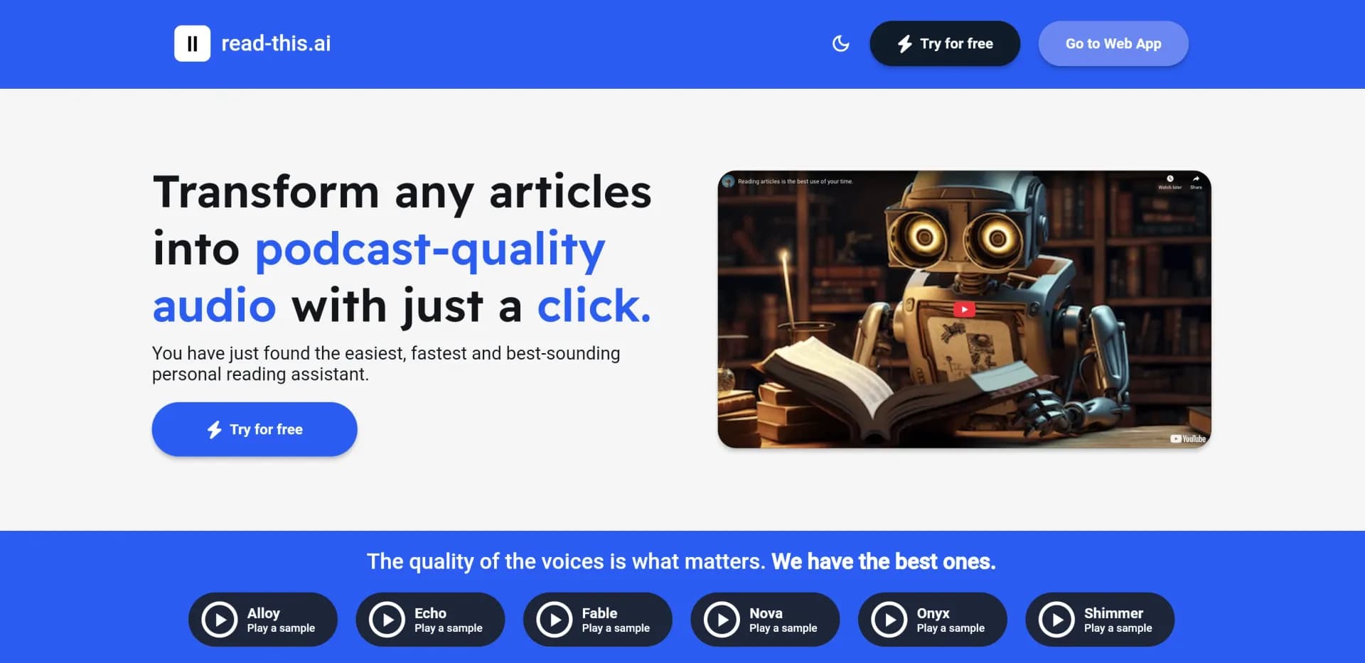 Read-this.aiv1.3.6 homepage screenshot — Transform any articles into podcast-quality audio instantly 