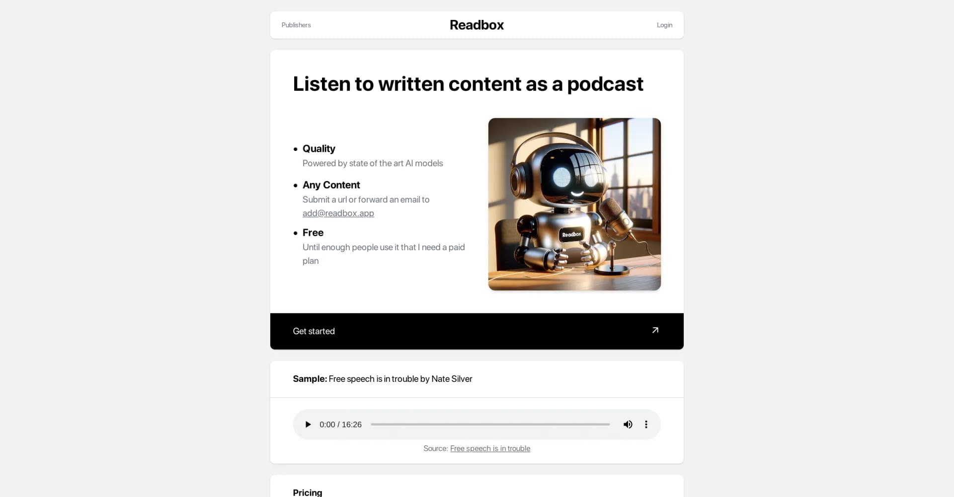 Readbox homepage screenshot — Listen to any written content as a podcast