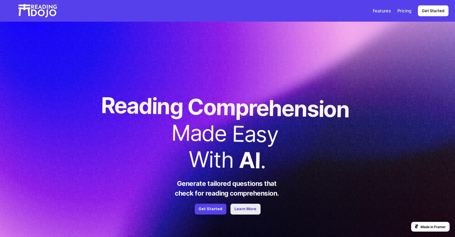 Reading Dojo homepage screenshot — AI-powered reading comprehension questions