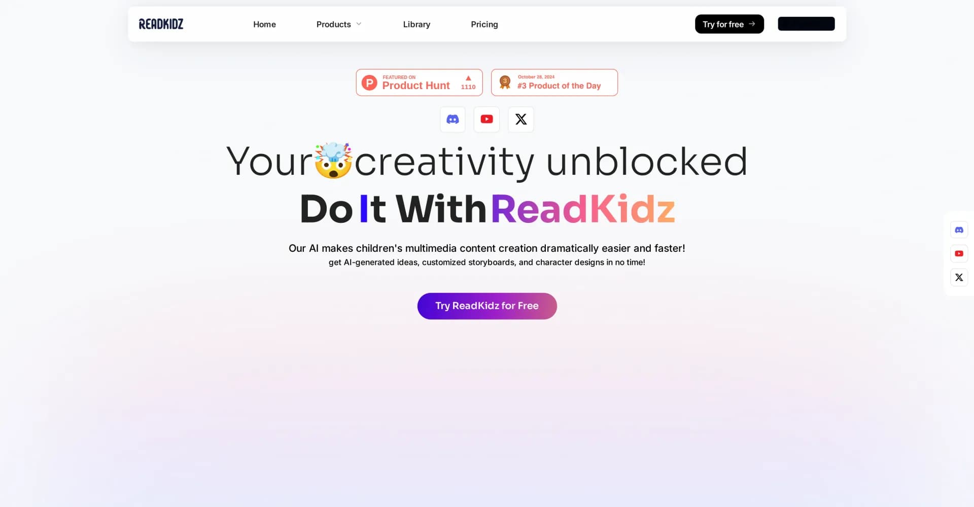 ReadKidz homepage screenshot — AI-powered children's multimedia content creation platform