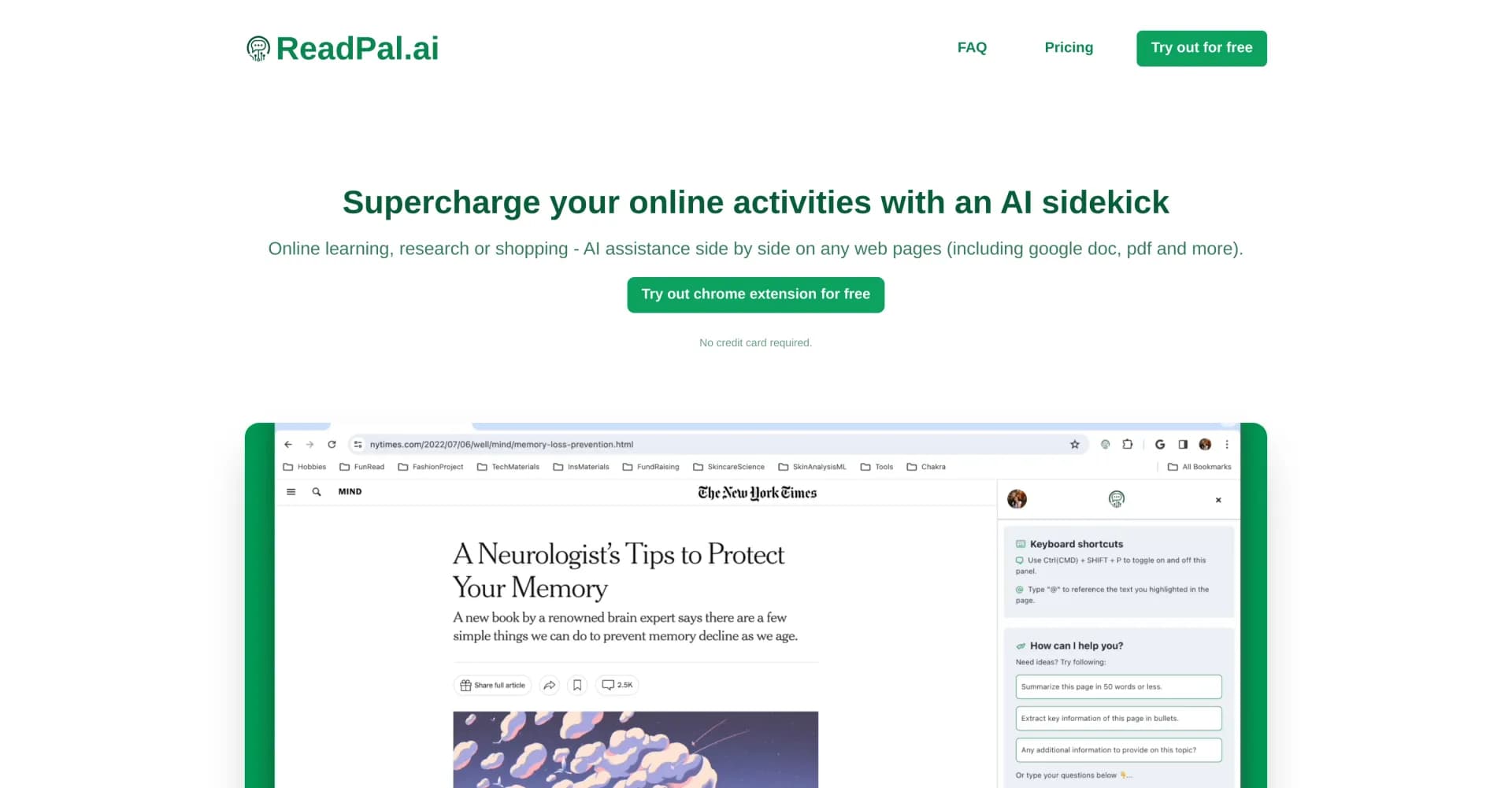 ReadPal homepage screenshot — AI sidekick for smarter web browsing