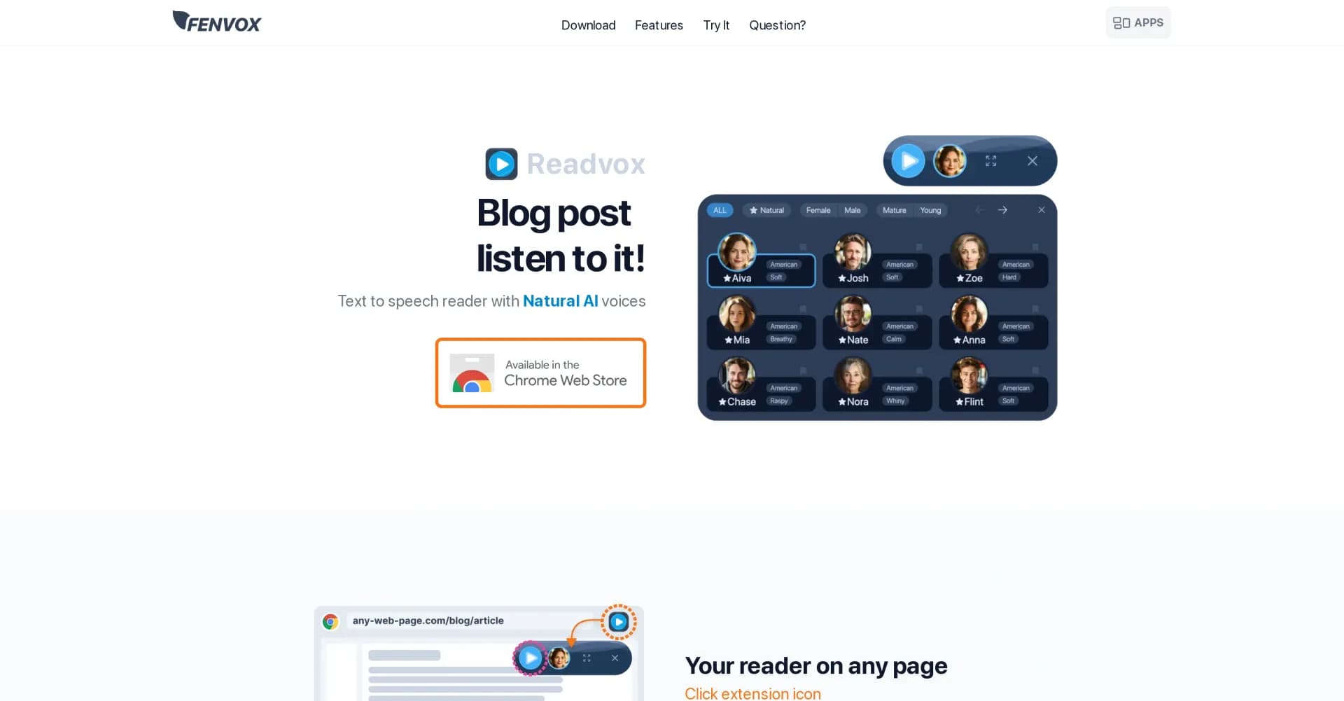 Readvox homepage screenshot — Turn text into natural AI speech.