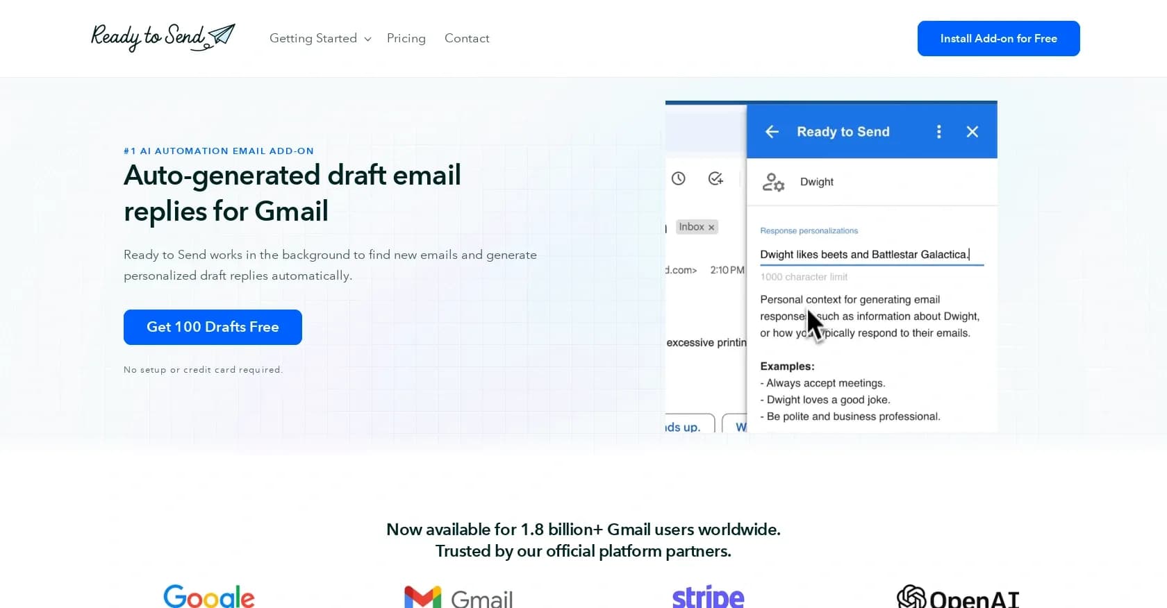Ready to Send homepage screenshot — AI drafts Gmail replies automatically