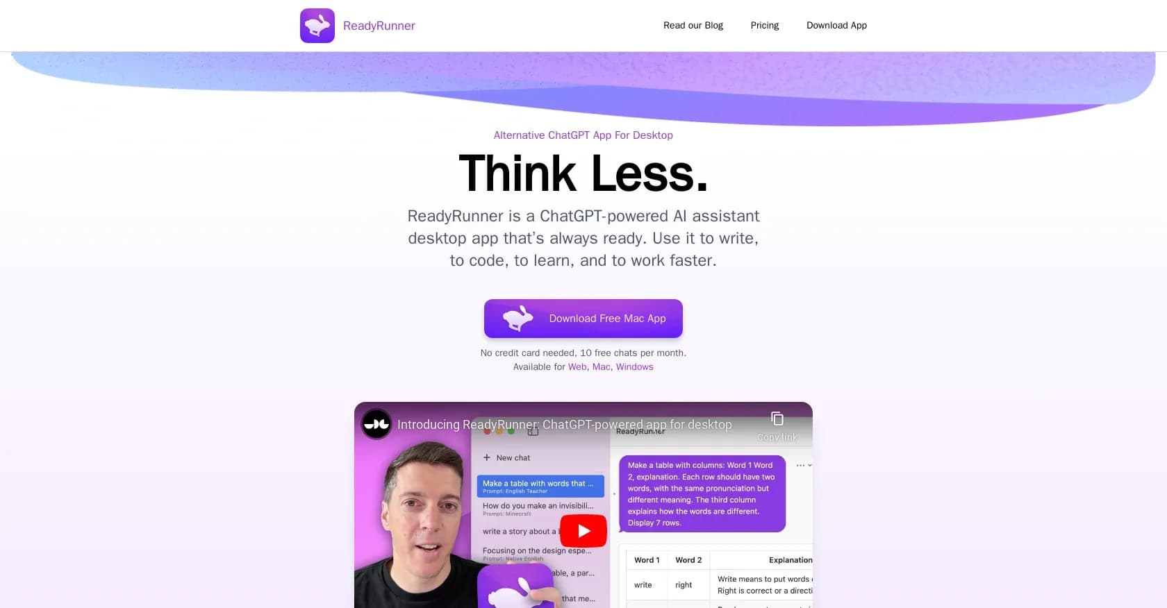 Readyrunner homepage screenshot — Desktop ChatGPT: Always ready to boost productivity.