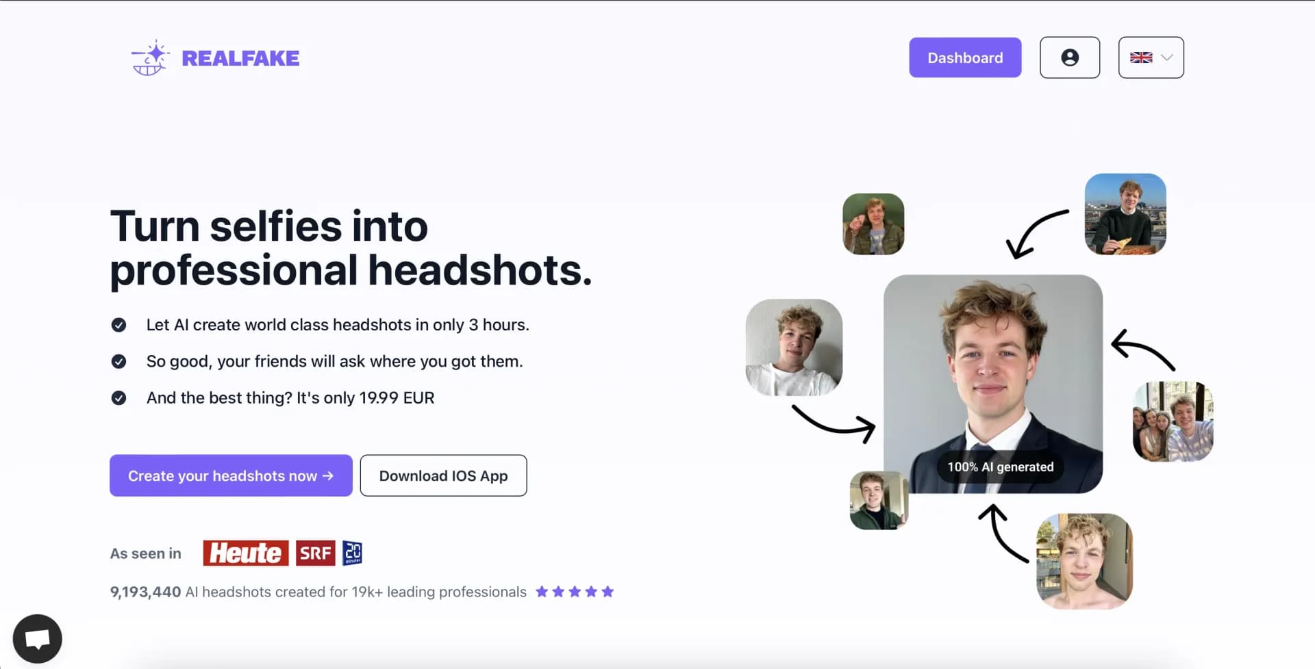 Real Fake Photos homepage screenshot — Turn your selfies into professional headshots