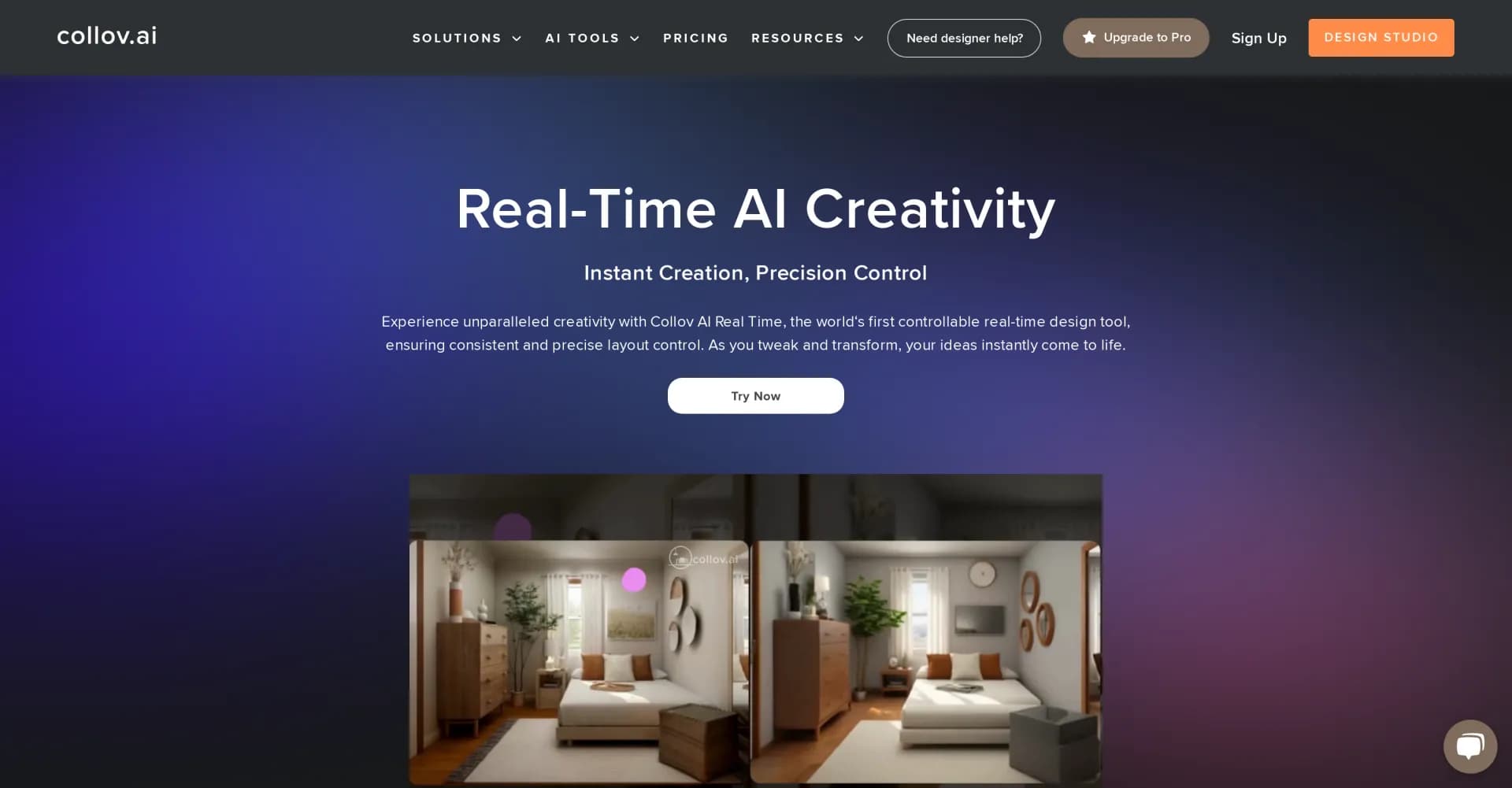 Real-time Design by Collov homepage screenshot — Instant AI design with precise control.