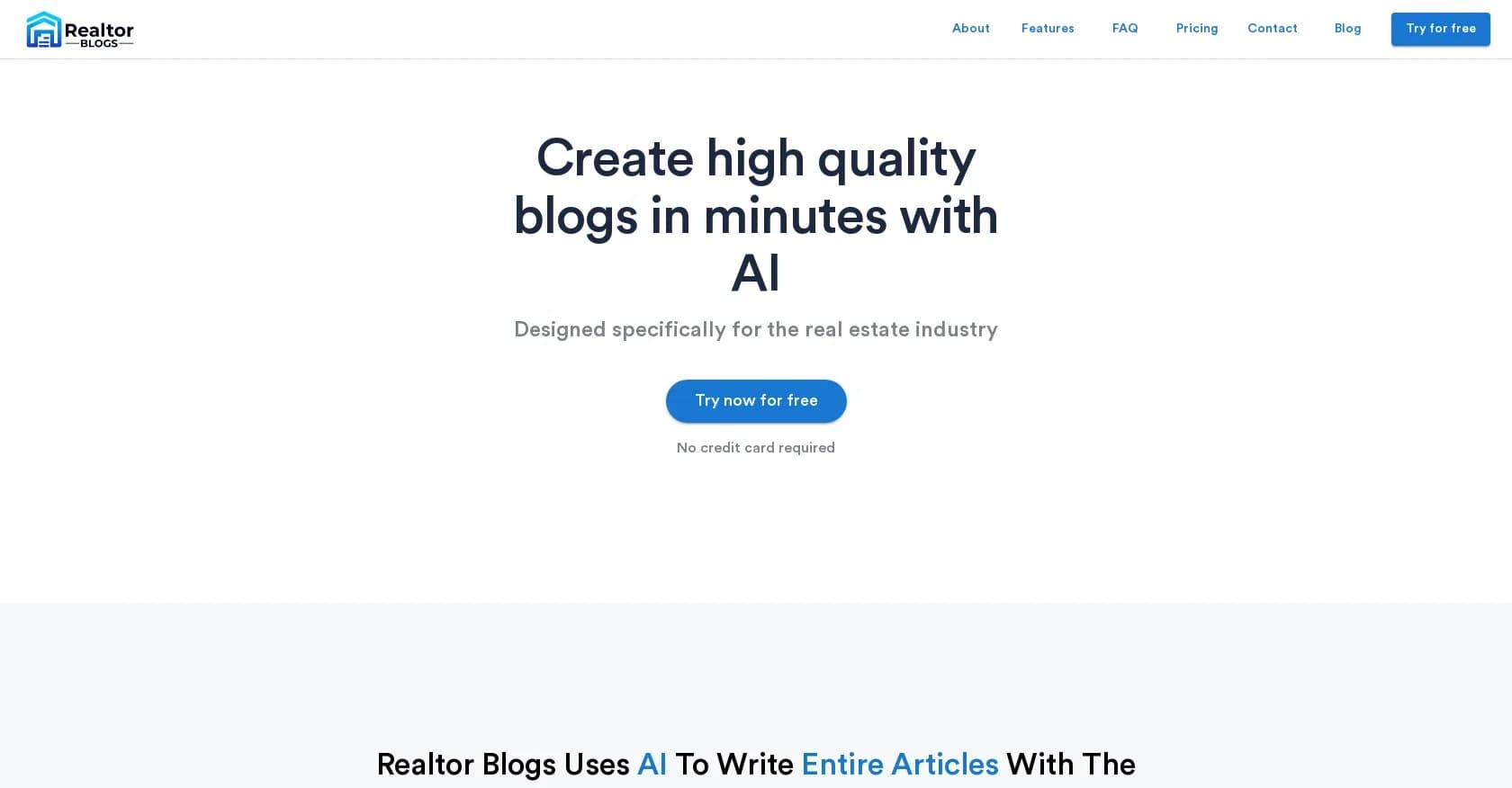 Realtor Blogs homepage screenshot — AI-powered blogs for realtors in minutes