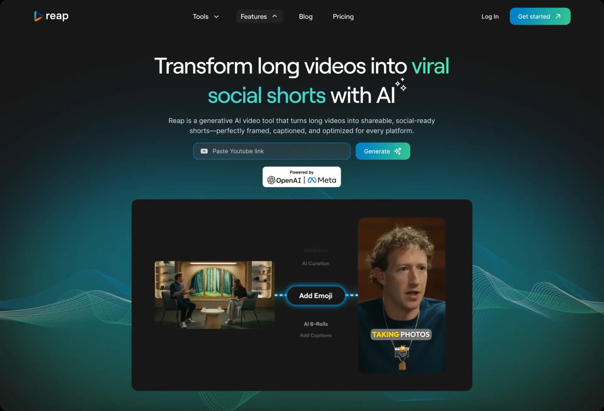 reap Ai homepage screenshot — Transform long videos into viral shorts instantly.