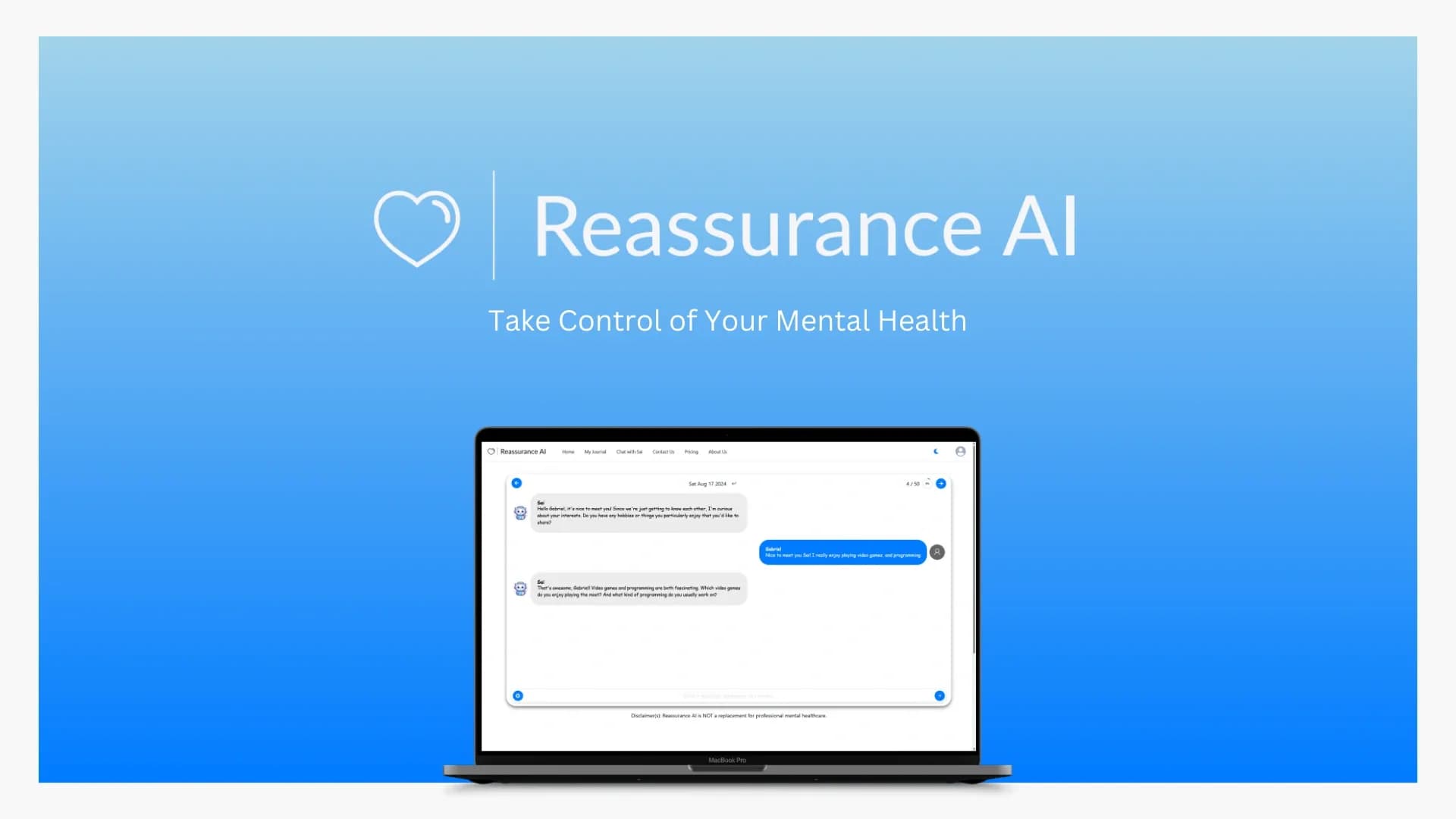Reassurance AI homepage screenshot — Take Control of Your Mental Health