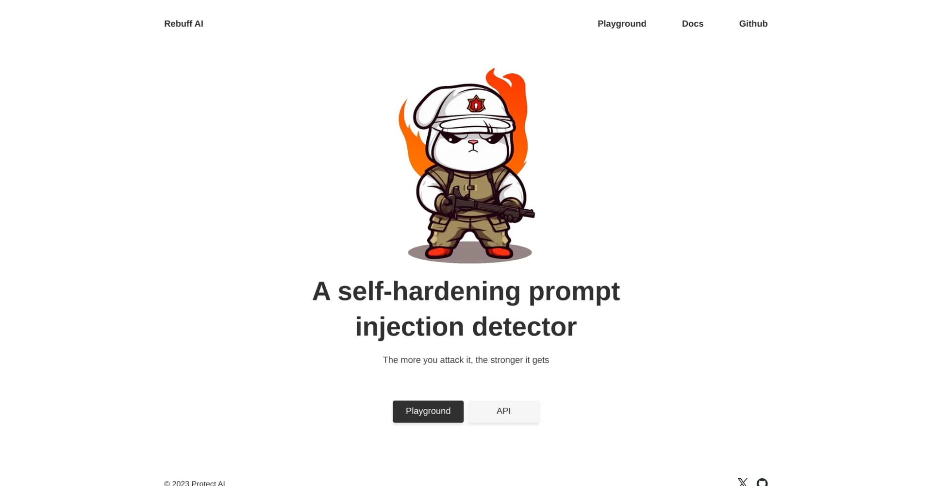 Rebuff homepage screenshot — Self-hardening prompt injection detector that strengthens wi